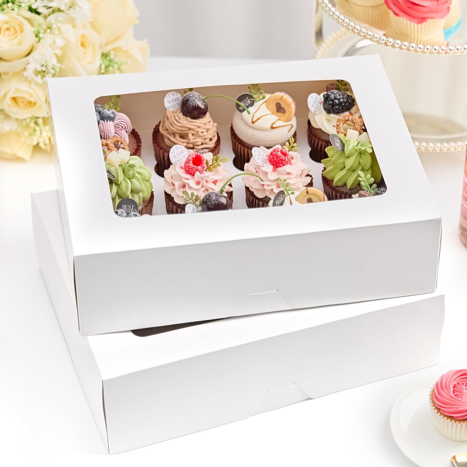 12 Count Cupcake Boxes, 12 Pack White Cupcake Containers with Windows and Inserts, Disposable Cupcake Carriers for Muffins, Treats, Pastries, 13 x 10 x 4 Inches