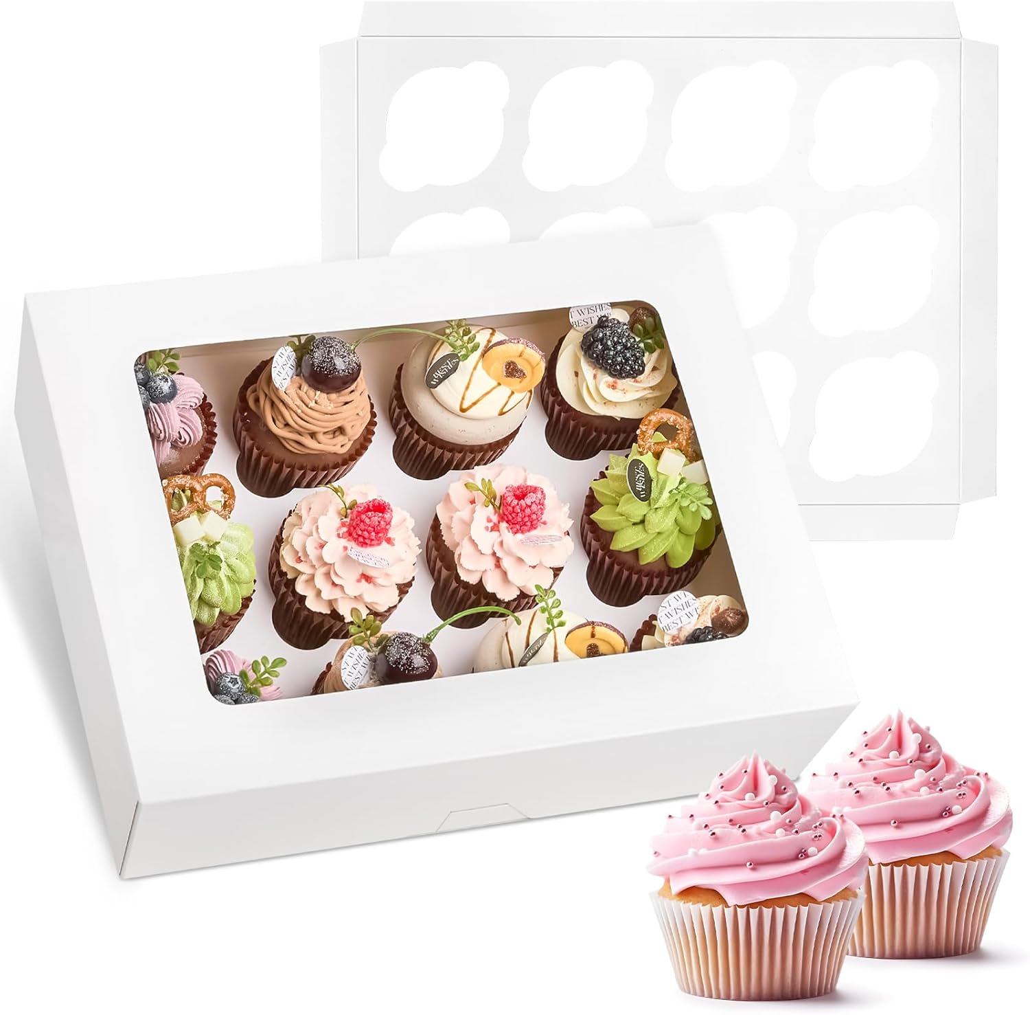 12 Count Cupcake Boxes, 12 Pack White Cupcake Containers with Windows and Inserts, Disposable Cupcake Carriers for Muffins, Treats, Pastries, 13 x 10 x 4 Inches
