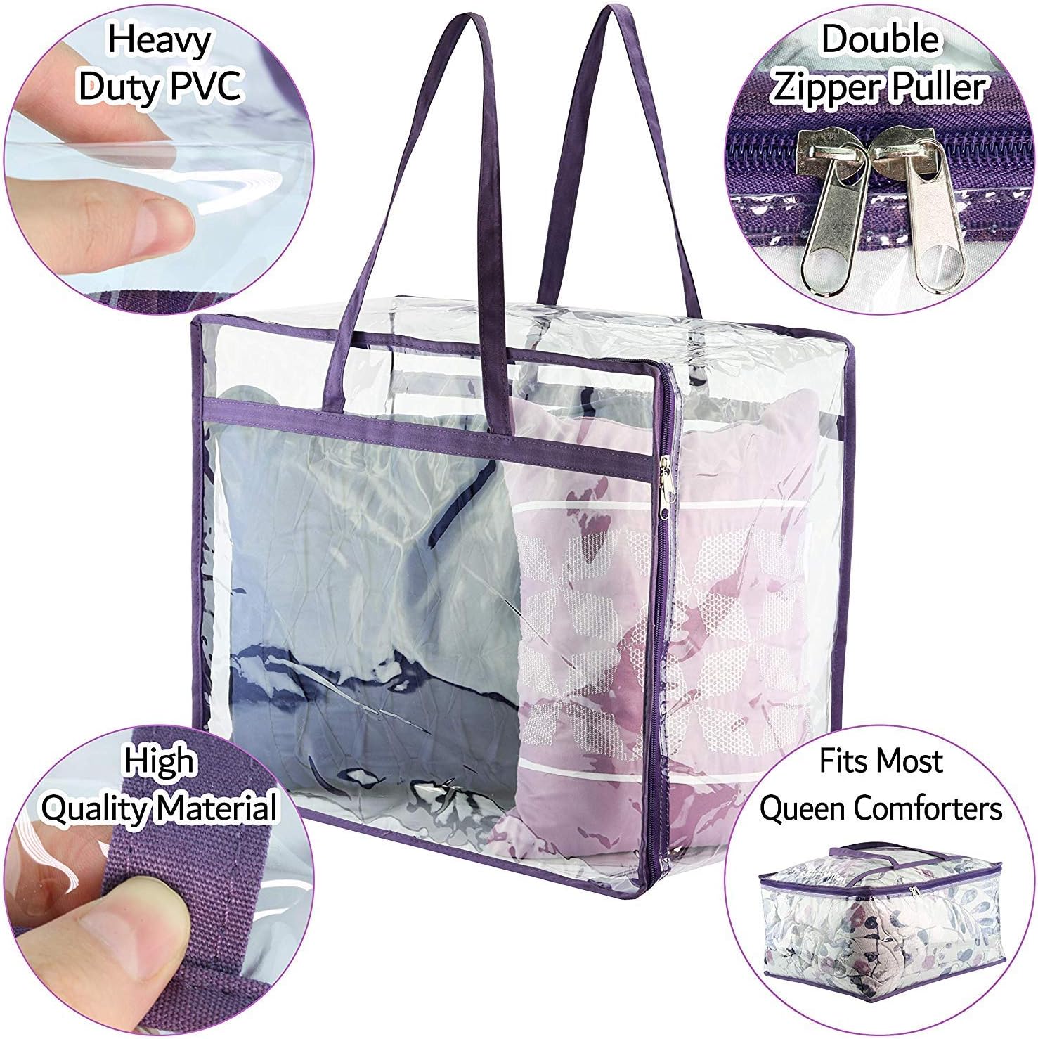 Clear Vinyl Zippered Storage Bags 3-Pack 40L Sturdy Storage Bags for Sweaters, Blankets, Comforters, Bedding Sets and Much More! Purple, 18x15x9