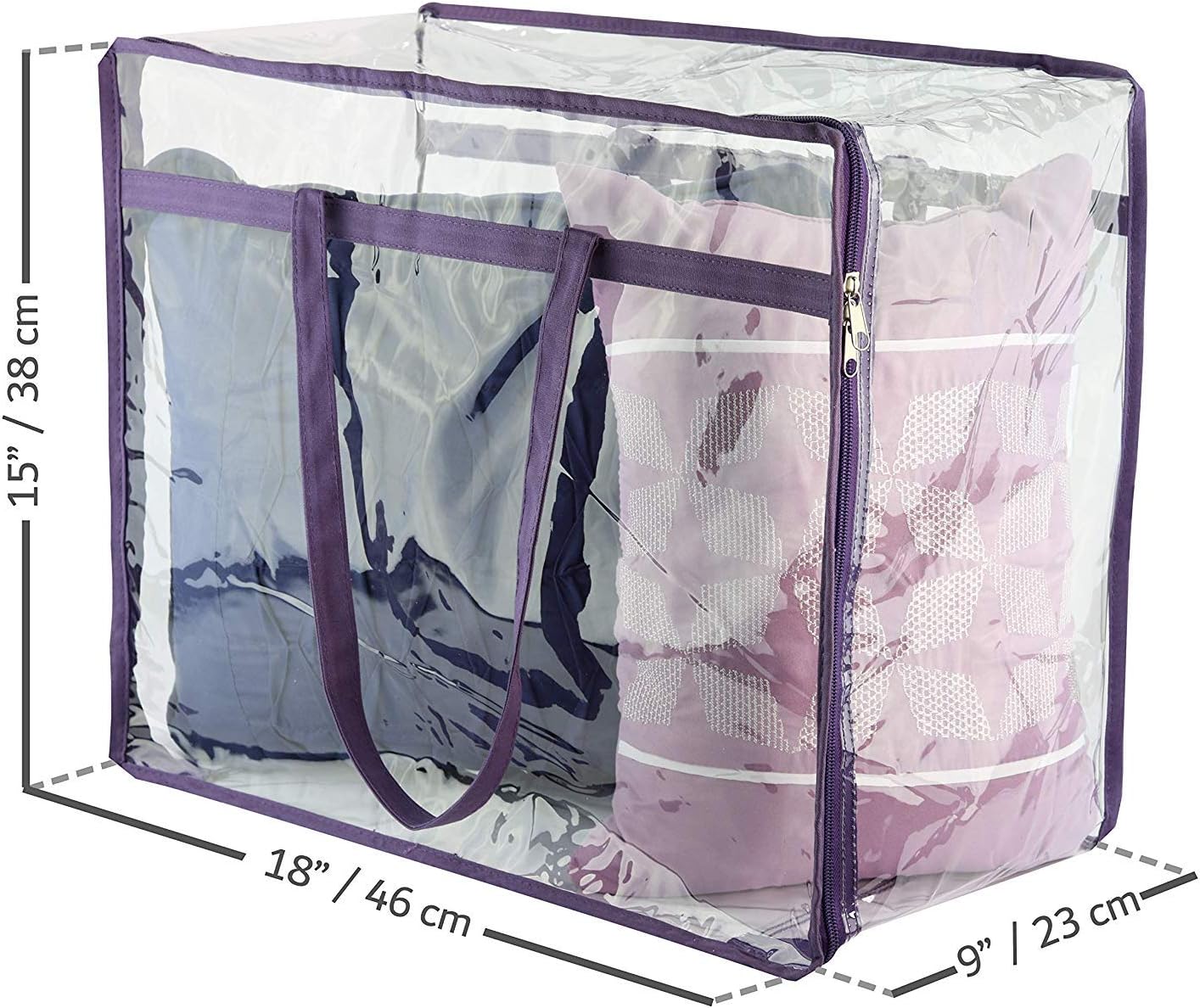 Clear Vinyl Zippered Storage Bags 3-Pack 40L Sturdy Storage Bags for Sweaters, Blankets, Comforters, Bedding Sets and Much More! Purple, 18x15x9