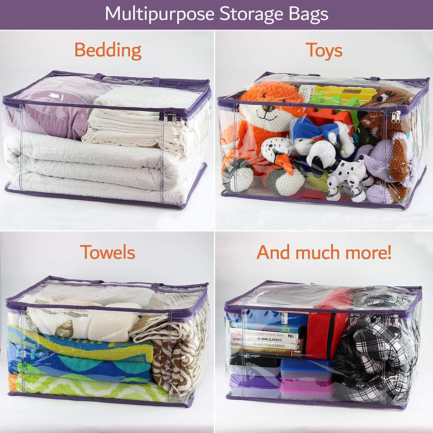 Clear Vinyl Zippered Storage Bags 3-Pack 40L Sturdy Storage Bags for Sweaters, Blankets, Comforters, Bedding Sets and Much More! Purple, 18x15x9