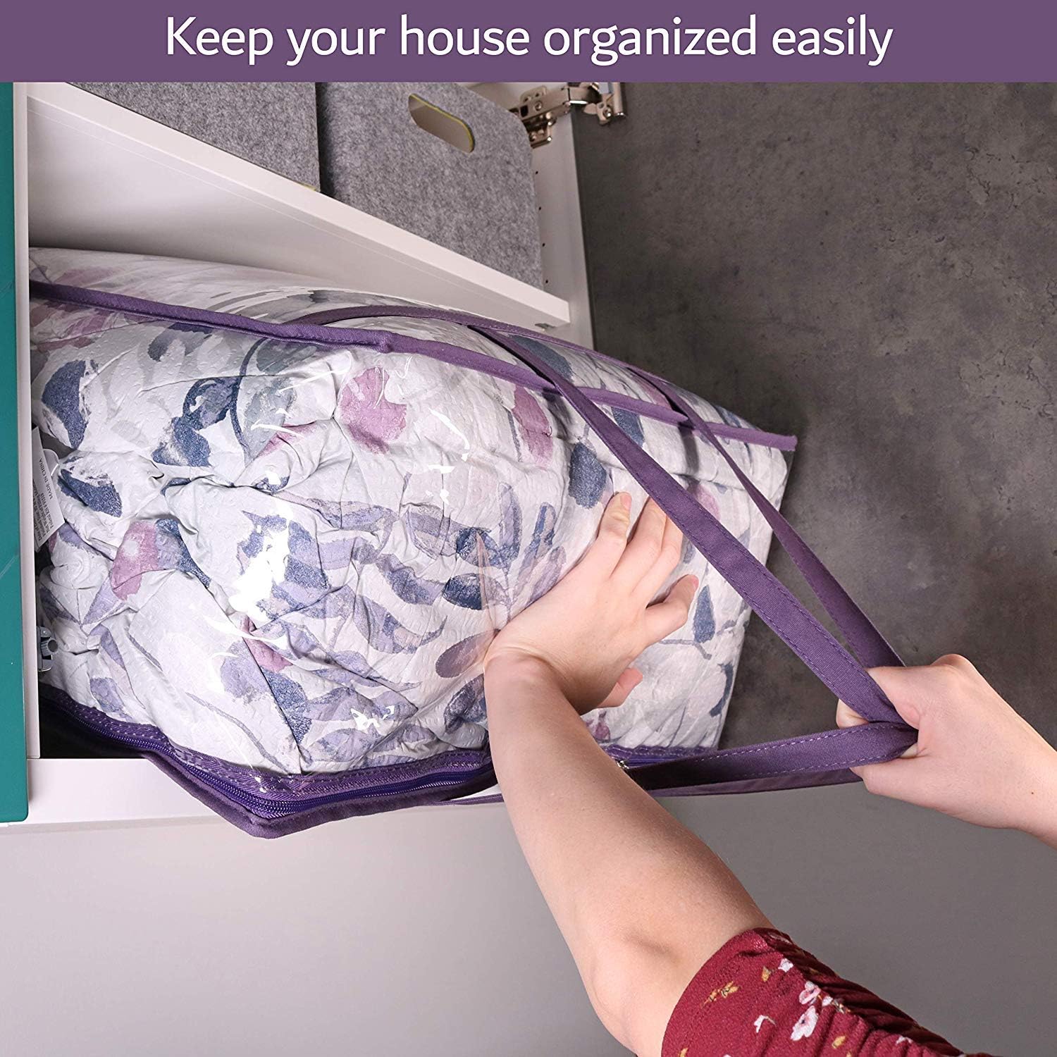 Clear Vinyl Zippered Storage Bags 3-Pack 40L Sturdy Storage Bags for Sweaters, Blankets, Comforters, Bedding Sets and Much More! Purple, 18x15x9