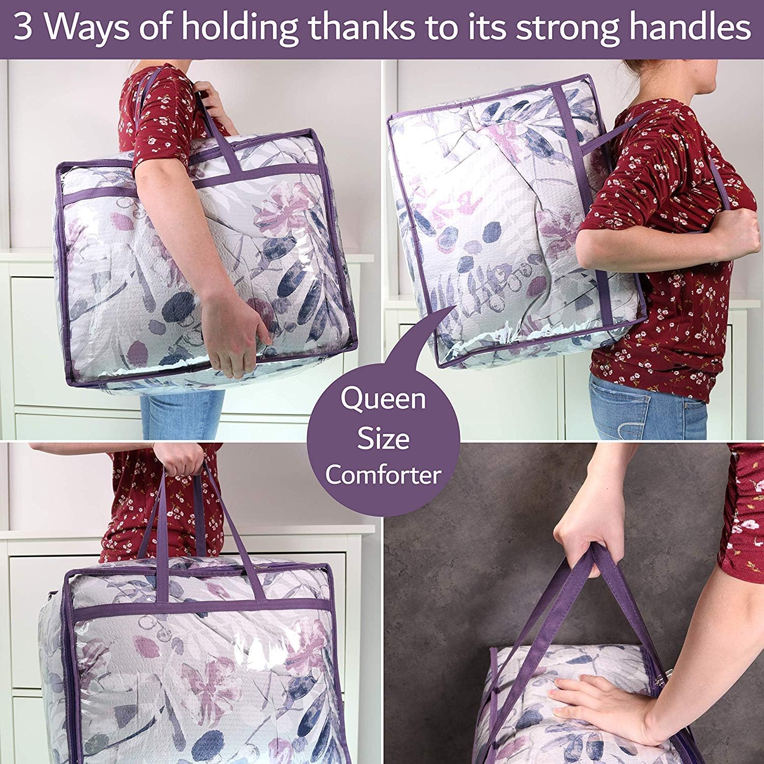 Clear Vinyl Zippered Storage Bags 3-Pack 40L Sturdy Storage Bags for Sweaters, Blankets, Comforters, Bedding Sets and Much More! Purple, 18x15x9