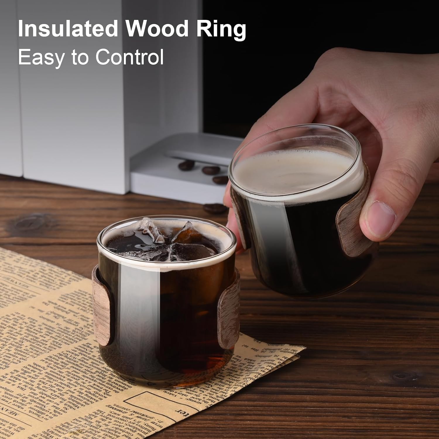 Espresso Cups Set of 2 with Wooden Ring, 5 OZ High Borosilicate Espresso Shot Glass, Clear Small Expresso Shots Cup, Espresso Accessories