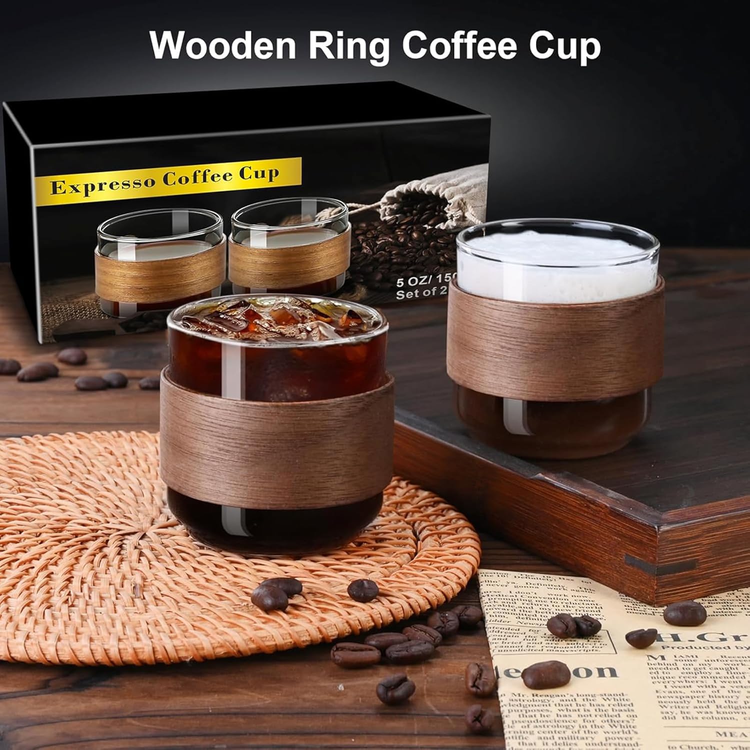 Espresso Cups Set of 2 with Wooden Ring, 5 OZ High Borosilicate Espresso Shot Glass, Clear Small Expresso Shots Cup, Espresso Accessories