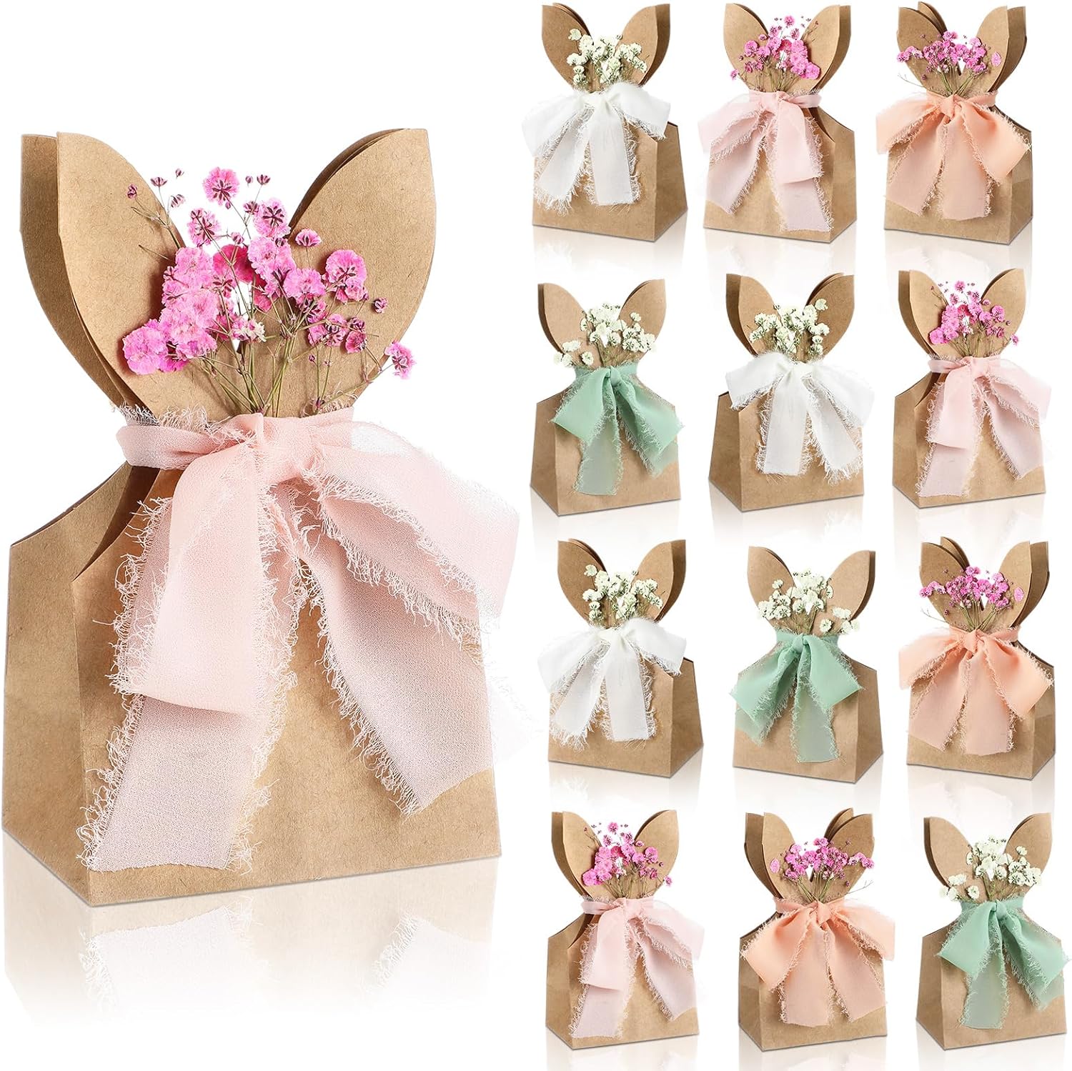 24 Set Boho Bow Easter Bunny Party Favor Bags DIY Bunny Gift Boxes with Neutral Bow Ribbon and Dried Flowers Rustic Paper Rabbit Ears Treat Bags Bulk for Easter Spring Neutral Pastel