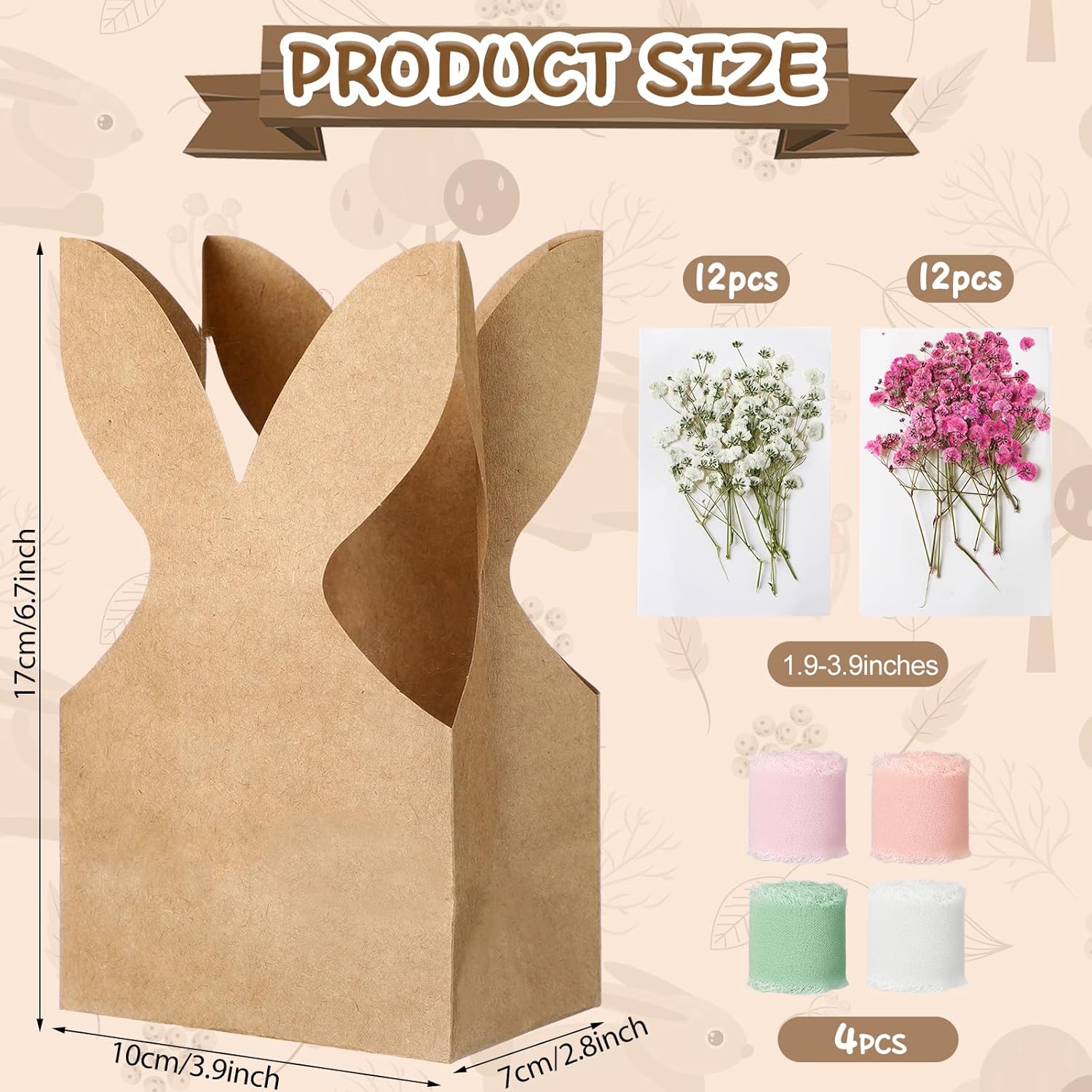 24 Set Boho Bow Easter Bunny Party Favor Bags DIY Bunny Gift Boxes with Neutral Bow Ribbon and Dried Flowers Rustic Paper Rabbit Ears Treat Bags Bulk for Easter Spring Neutral Pastel