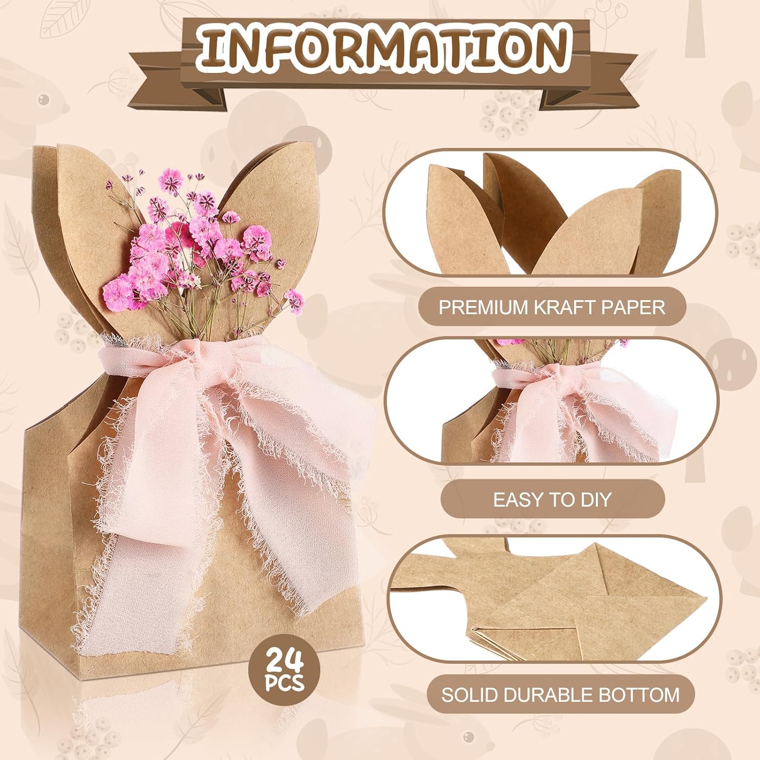 24 Set Boho Bow Easter Bunny Party Favor Bags DIY Bunny Gift Boxes with Neutral Bow Ribbon and Dried Flowers Rustic Paper Rabbit Ears Treat Bags Bulk for Easter Spring Neutral Pastel