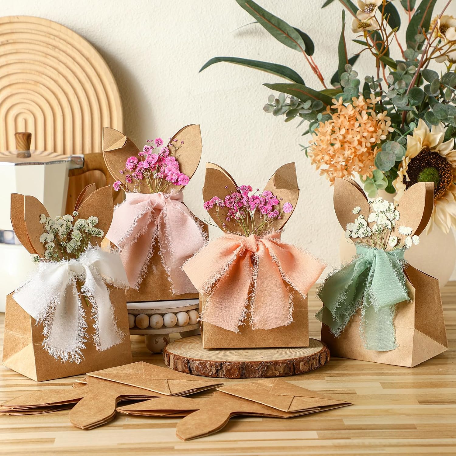 24 Set Boho Bow Easter Bunny Party Favor Bags DIY Bunny Gift Boxes with Neutral Bow Ribbon and Dried Flowers Rustic Paper Rabbit Ears Treat Bags Bulk for Easter Spring Neutral Pastel
