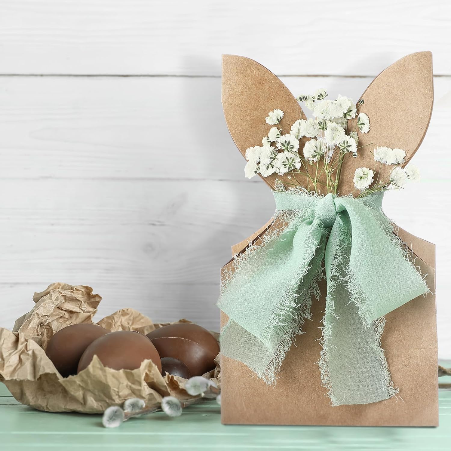 24 Set Boho Bow Easter Bunny Party Favor Bags DIY Bunny Gift Boxes with Neutral Bow Ribbon and Dried Flowers Rustic Paper Rabbit Ears Treat Bags Bulk for Easter Spring Neutral Pastel