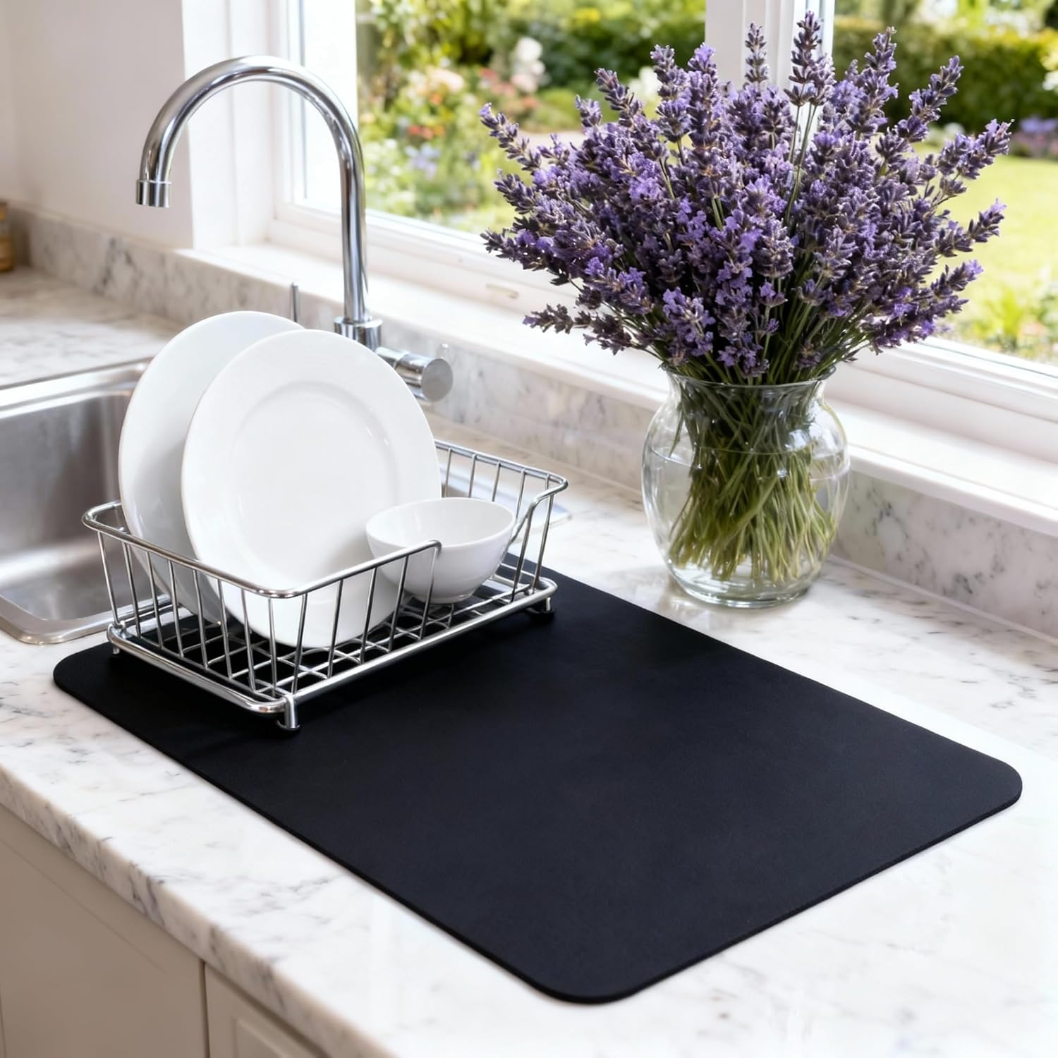Dish Drying Mat Super Absorbent – 12" x 18" Coffee Mat for Countertops – Non-Slip Drying Mat for Kitchen Counter – Easy to Clean Water Absorbent Mat – Quick Dry Dish Drying Mats Black