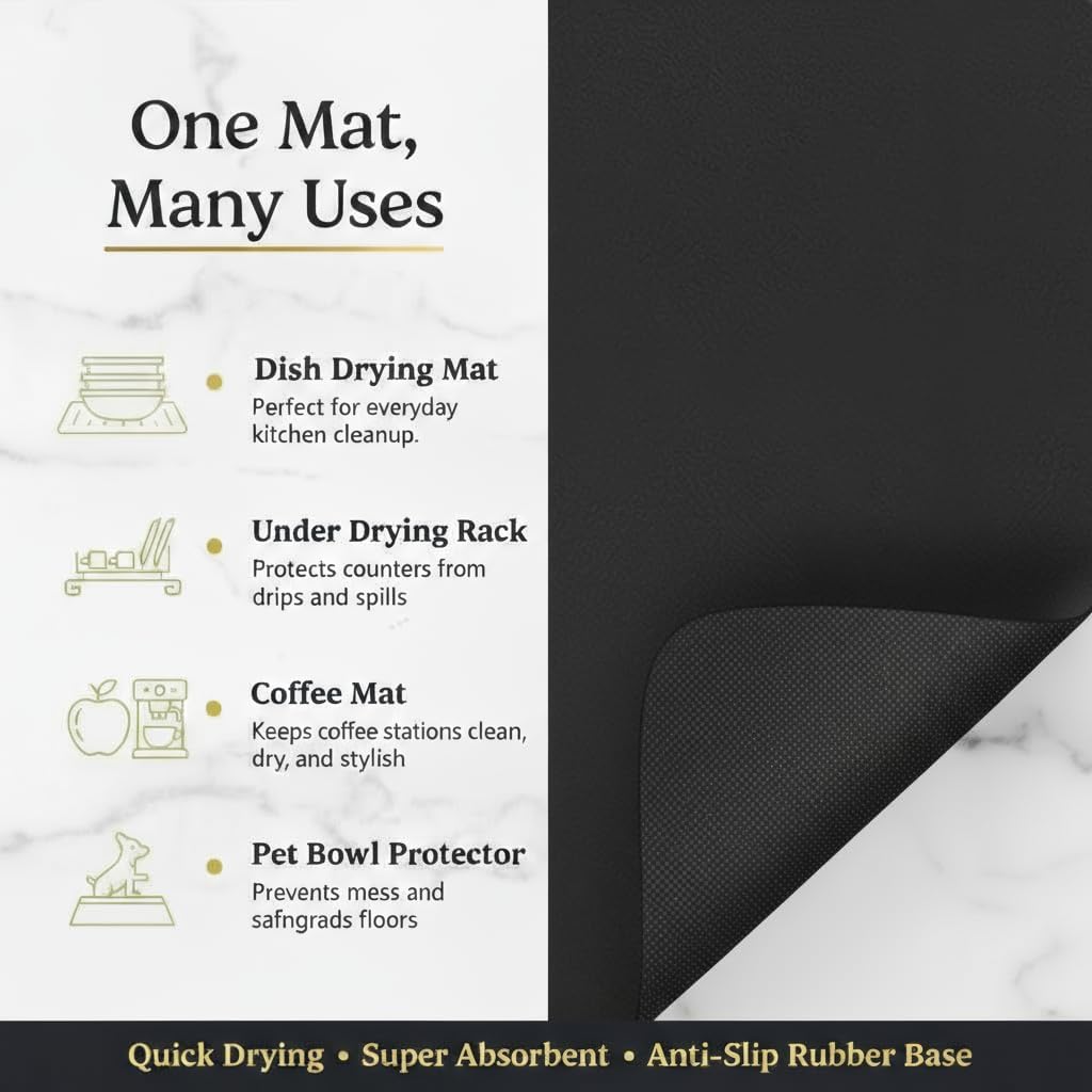 Dish Drying Mat Super Absorbent – 12" x 18" Coffee Mat for Countertops – Non-Slip Drying Mat for Kitchen Counter – Easy to Clean Water Absorbent Mat – Quick Dry Dish Drying Mats Black