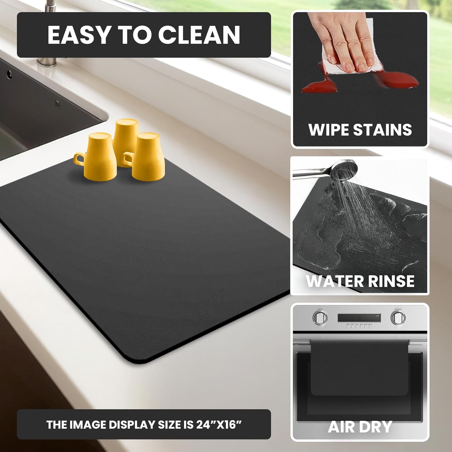 Dish Drying Mat Super Absorbent – 12" x 18" Coffee Mat for Countertops – Non-Slip Drying Mat for Kitchen Counter – Easy to Clean Water Absorbent Mat – Quick Dry Dish Drying Mats Black