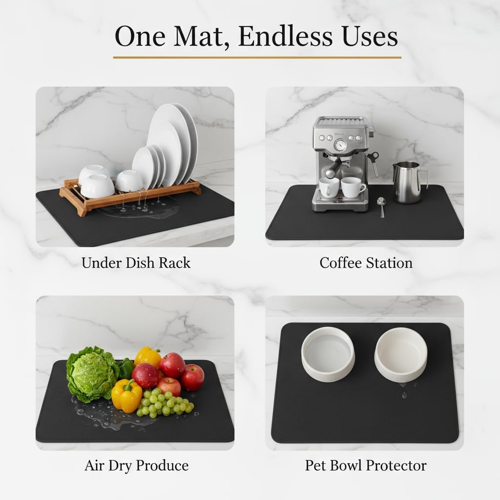 Dish Drying Mat Super Absorbent – 12" x 18" Coffee Mat for Countertops – Non-Slip Drying Mat for Kitchen Counter – Easy to Clean Water Absorbent Mat – Quick Dry Dish Drying Mats Black