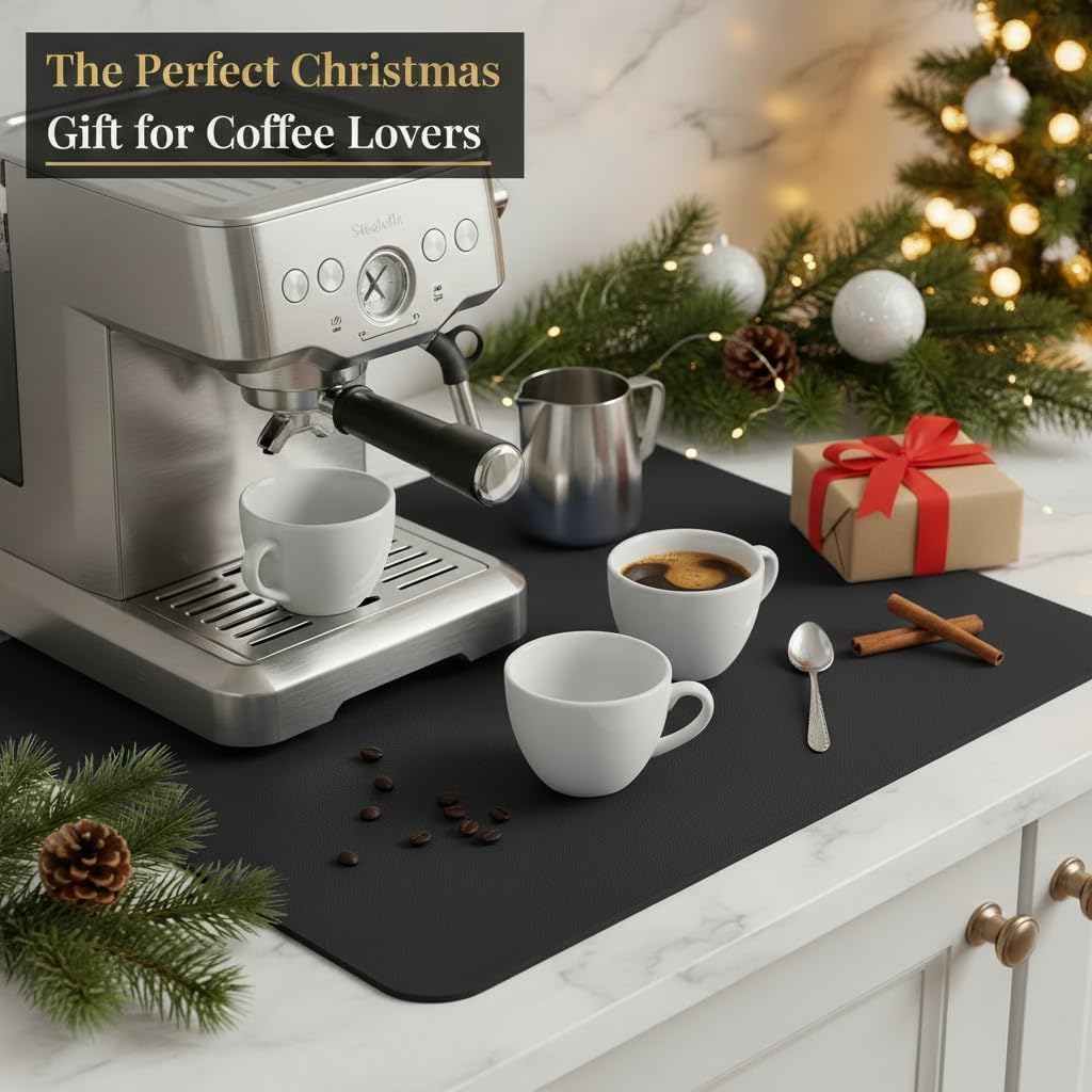 Dish Drying Mat Super Absorbent – 12" x 18" Coffee Mat for Countertops – Non-Slip Drying Mat for Kitchen Counter – Easy to Clean Water Absorbent Mat – Quick Dry Dish Drying Mats Black