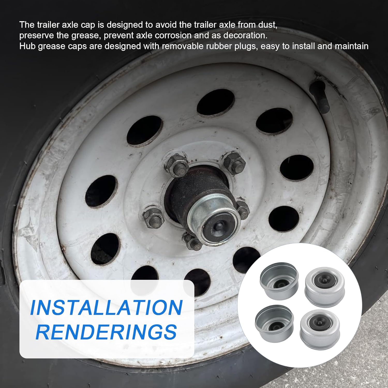 4pcs 2.72" Trailer Axle Wheel Hub and Bearing Dust Cap with Extra 4 Rubber Plugs for Most 7000-8000 lb Wheel Hubs Trailer Dexter EZ Lube Camper RV Bearing Dust Cap