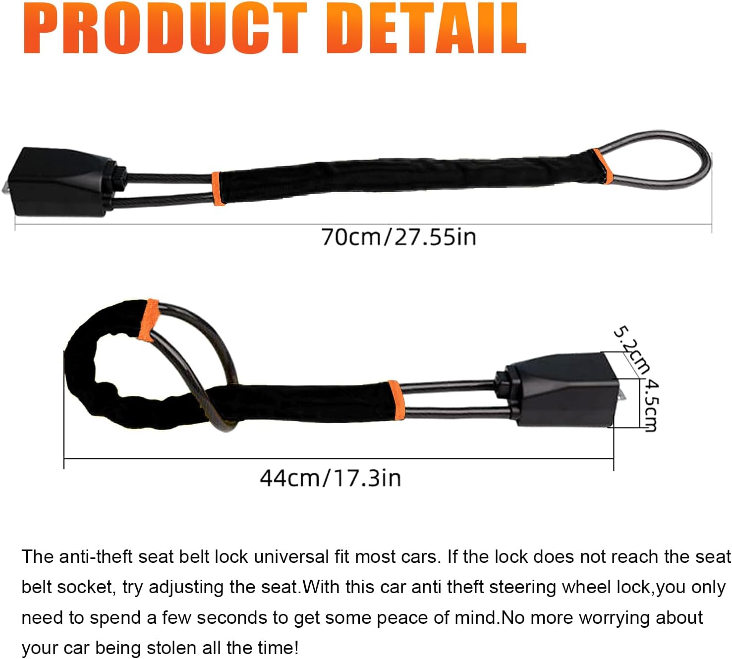 DualGuard Car Steering Wheel & Seat Belt Lock - 17" Universal Anti-Theft Device for Vehicles, SUVs, Golf Carts | Compact & Lightweight Security Lock with Multi-Function Keys Black