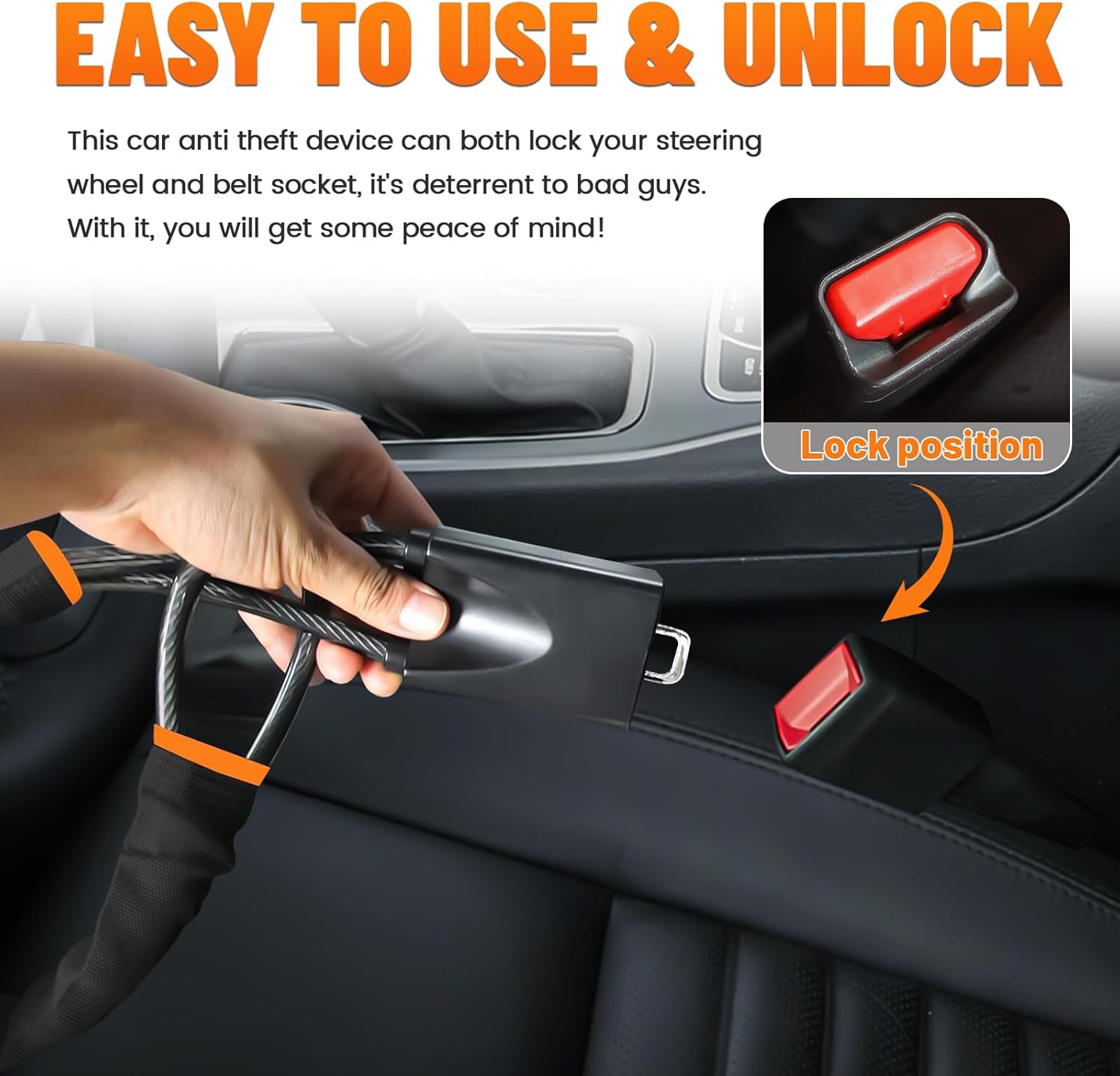 DualGuard Car Steering Wheel & Seat Belt Lock - 17" Universal Anti-Theft Device for Vehicles, SUVs, Golf Carts | Compact & Lightweight Security Lock with Multi-Function Keys Black
