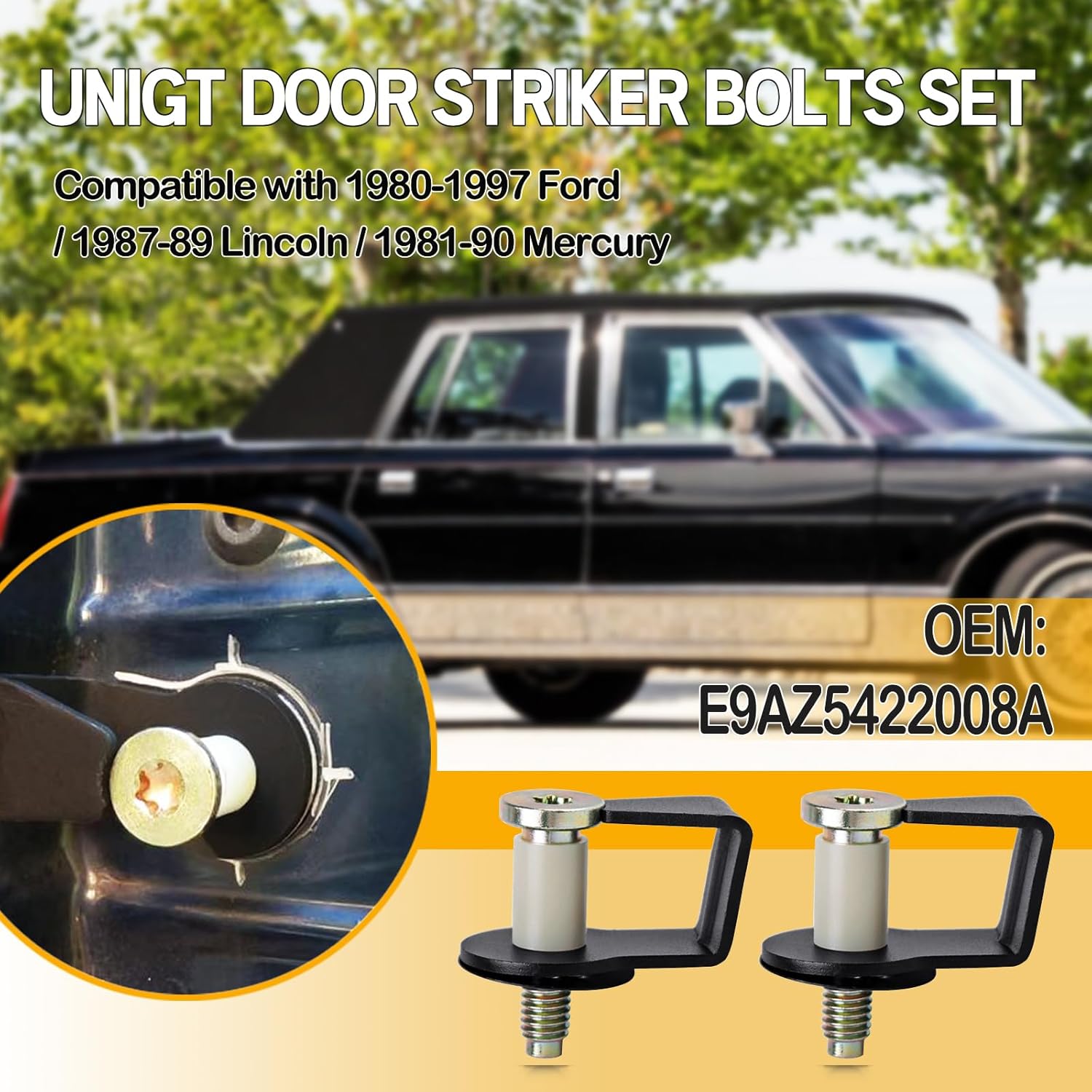 2 Pack Door Striker Bolts Set Includes Bushing Compatible with 1980-1997 Ford / 1987-89 Lincoln / 1981-90 Mercury Door Latch Lock Striker Bolts Replace E9AZ5422008A / 38448