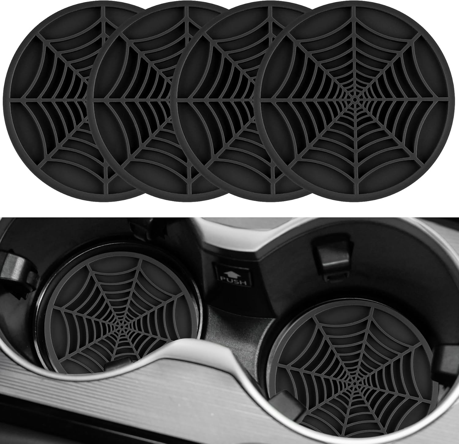 4PCS Spider Web Car Coasters for Cup Holders, Halloween Funny Non-Slip Silicone Insert Ornaments Coasters, Automotive Cupholder Goth Accessories for Men & Women Black