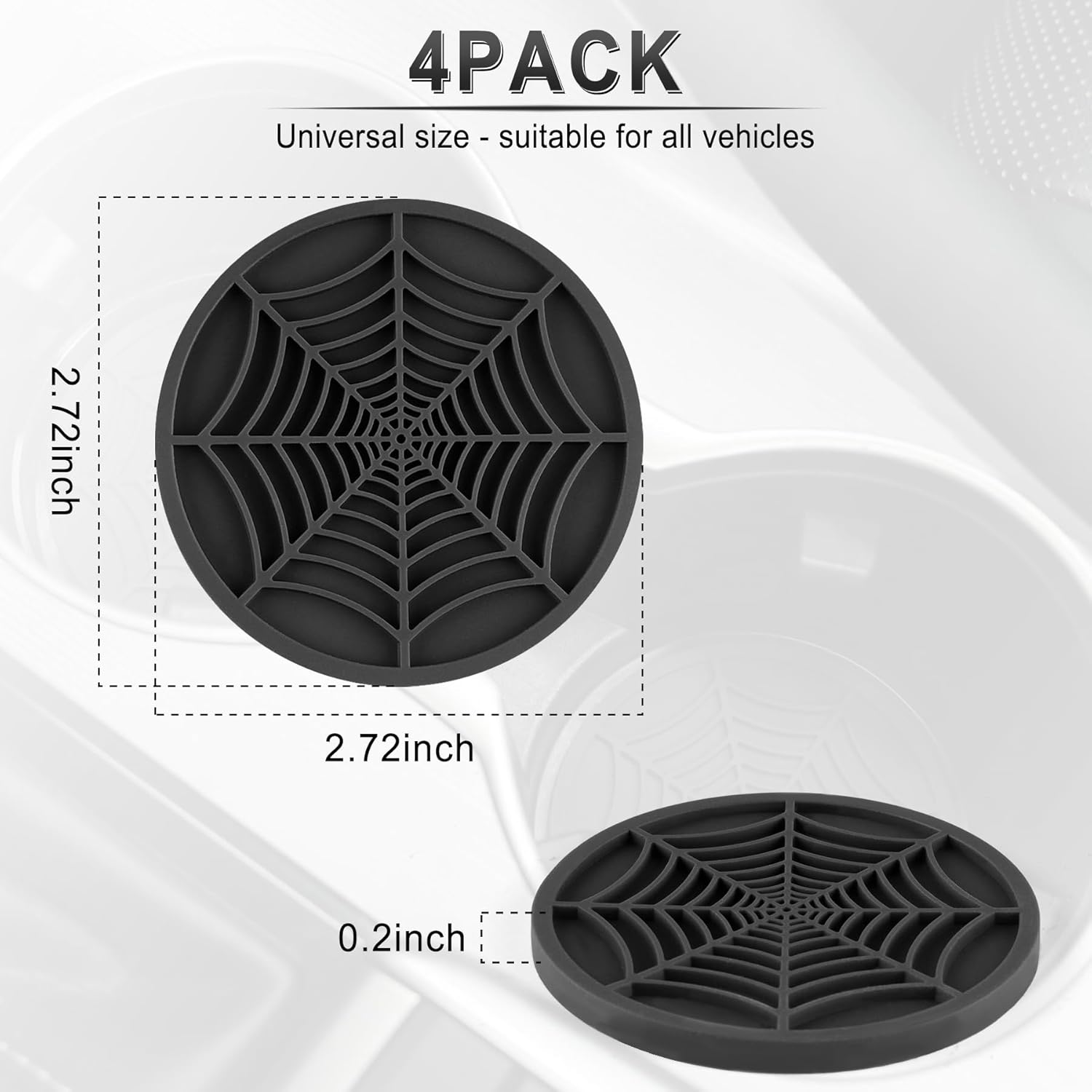 4PCS Spider Web Car Coasters for Cup Holders, Halloween Funny Non-Slip Silicone Insert Ornaments Coasters, Automotive Cupholder Goth Accessories for Men & Women Black