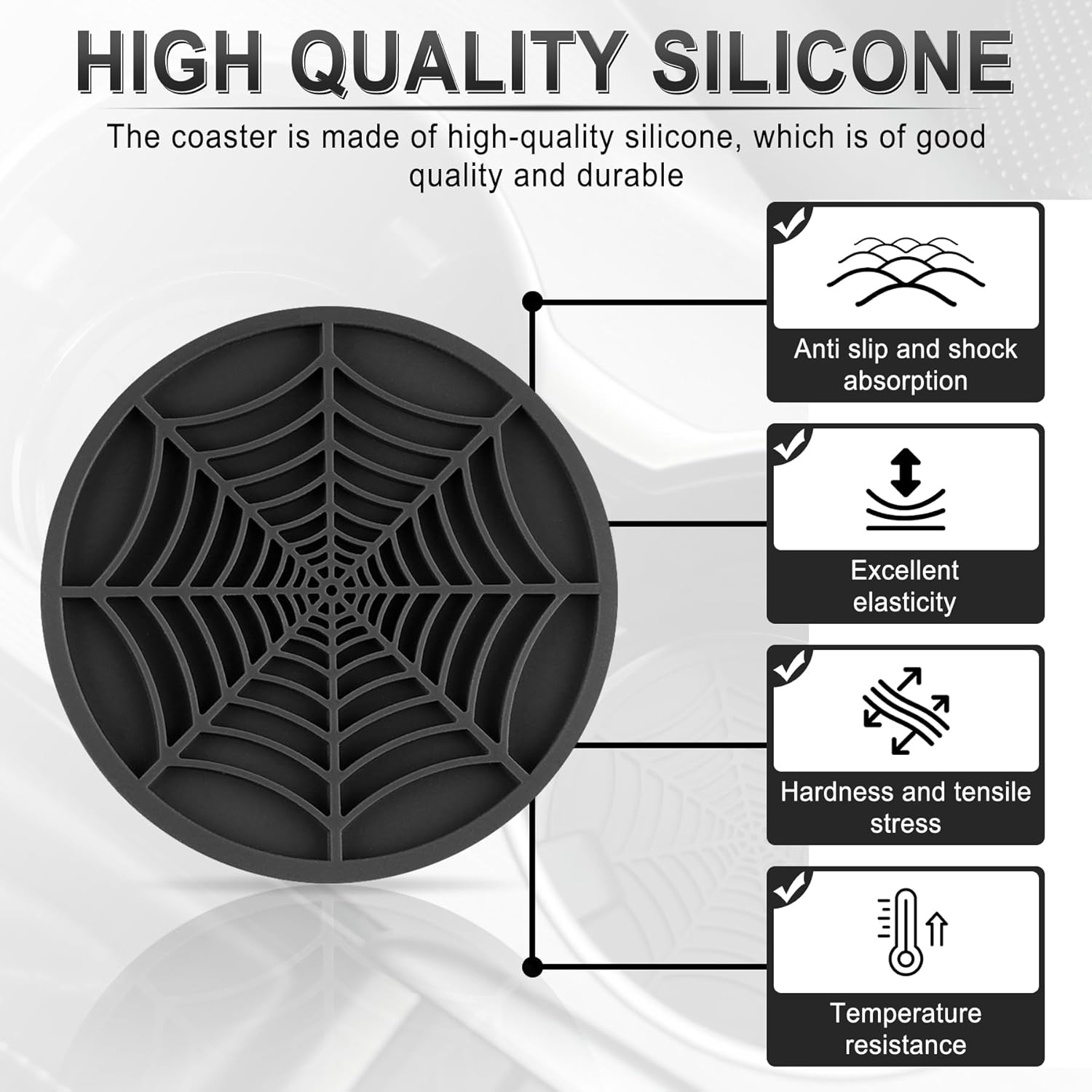 4PCS Spider Web Car Coasters for Cup Holders, Halloween Funny Non-Slip Silicone Insert Ornaments Coasters, Automotive Cupholder Goth Accessories for Men & Women Black
