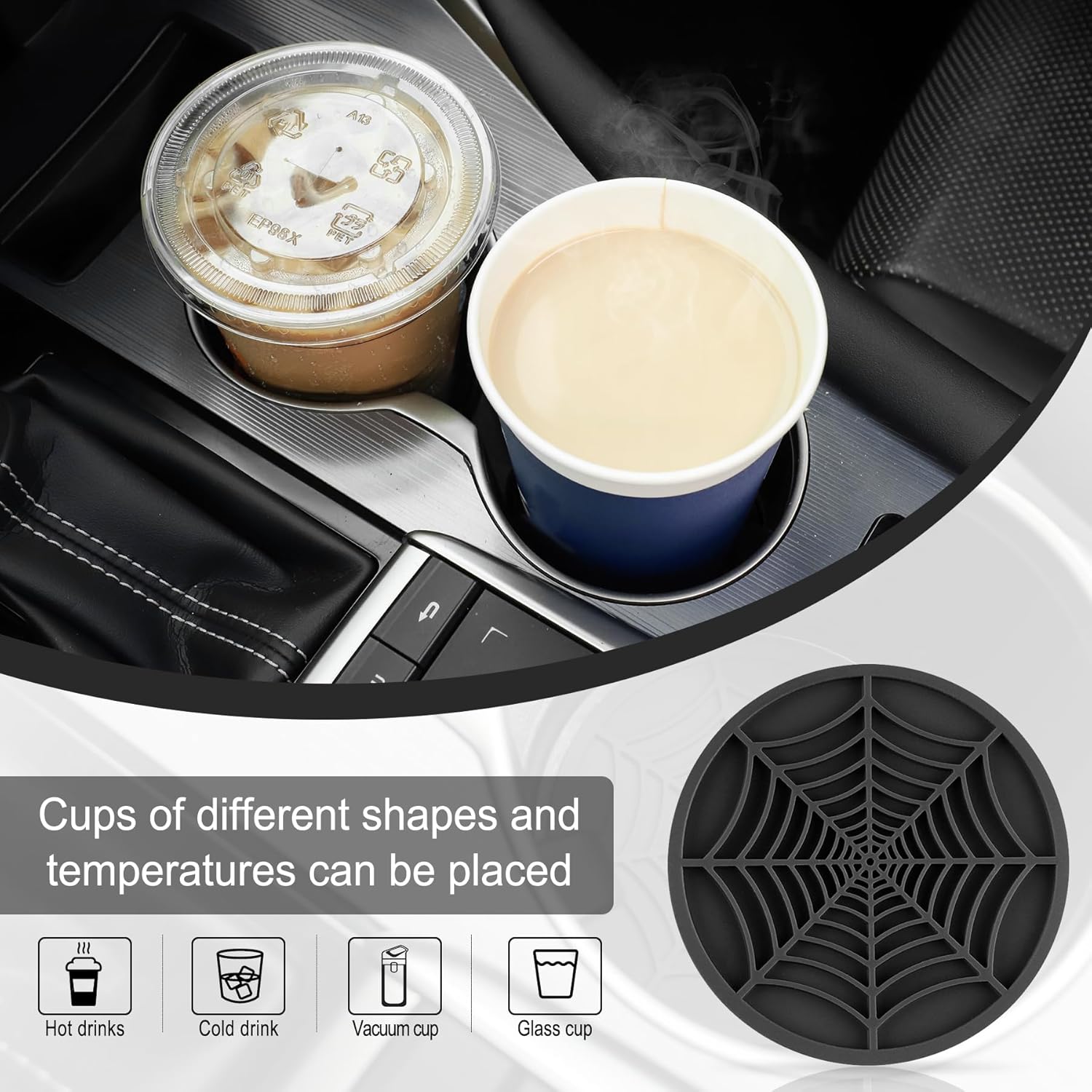 4PCS Spider Web Car Coasters for Cup Holders, Halloween Funny Non-Slip Silicone Insert Ornaments Coasters, Automotive Cupholder Goth Accessories for Men & Women Black