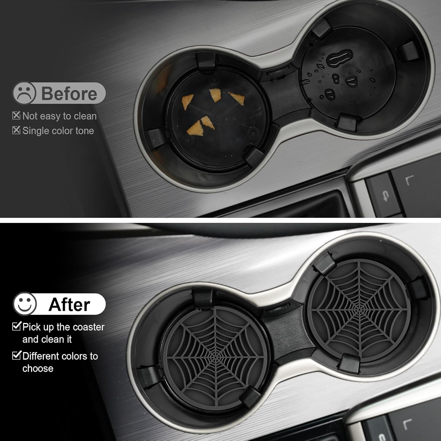 4PCS Spider Web Car Coasters for Cup Holders, Halloween Funny Non-Slip Silicone Insert Ornaments Coasters, Automotive Cupholder Goth Accessories for Men & Women Black