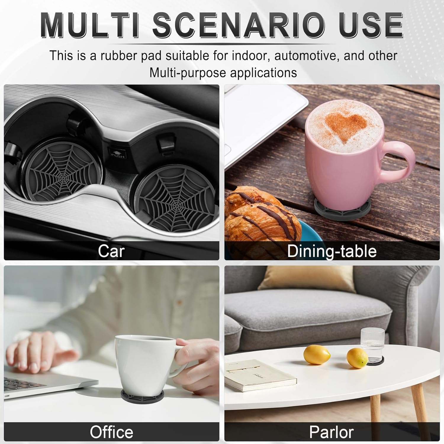 4PCS Spider Web Car Coasters for Cup Holders, Halloween Funny Non-Slip Silicone Insert Ornaments Coasters, Automotive Cupholder Goth Accessories for Men & Women Black