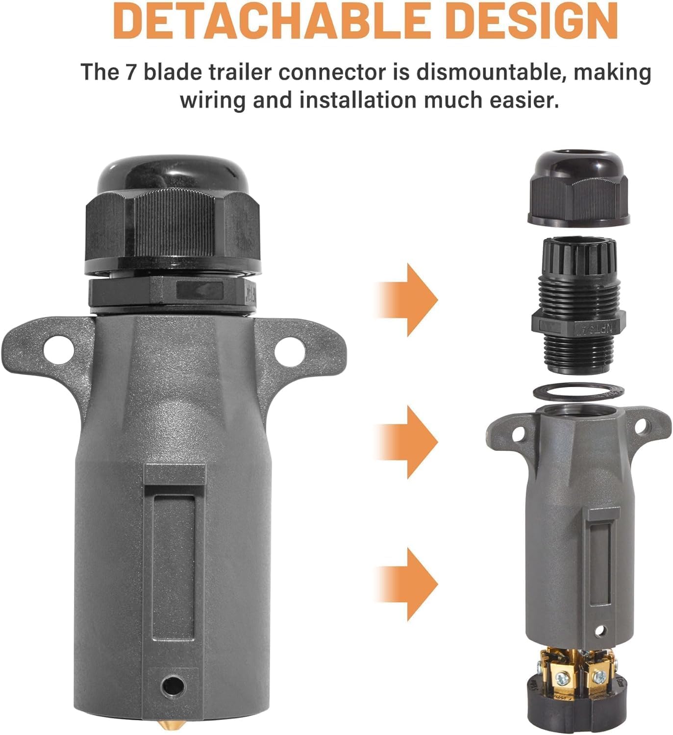 RV 7 Pin Trailer Plug with IP68 Waterproof Seal 2PCS, Detachable 7 Way Round RV-Style Trailer Side Connector 7 Point Trailer Wiring Plug