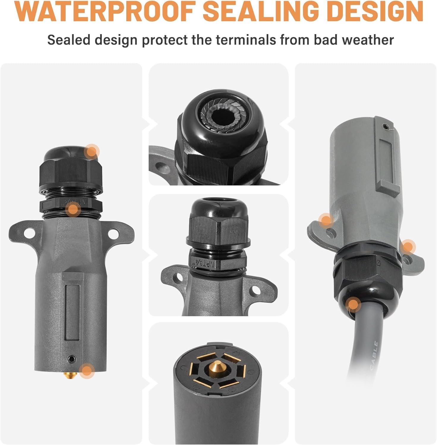 RV 7 Pin Trailer Plug with IP68 Waterproof Seal 2PCS, Detachable 7 Way Round RV-Style Trailer Side Connector 7 Point Trailer Wiring Plug