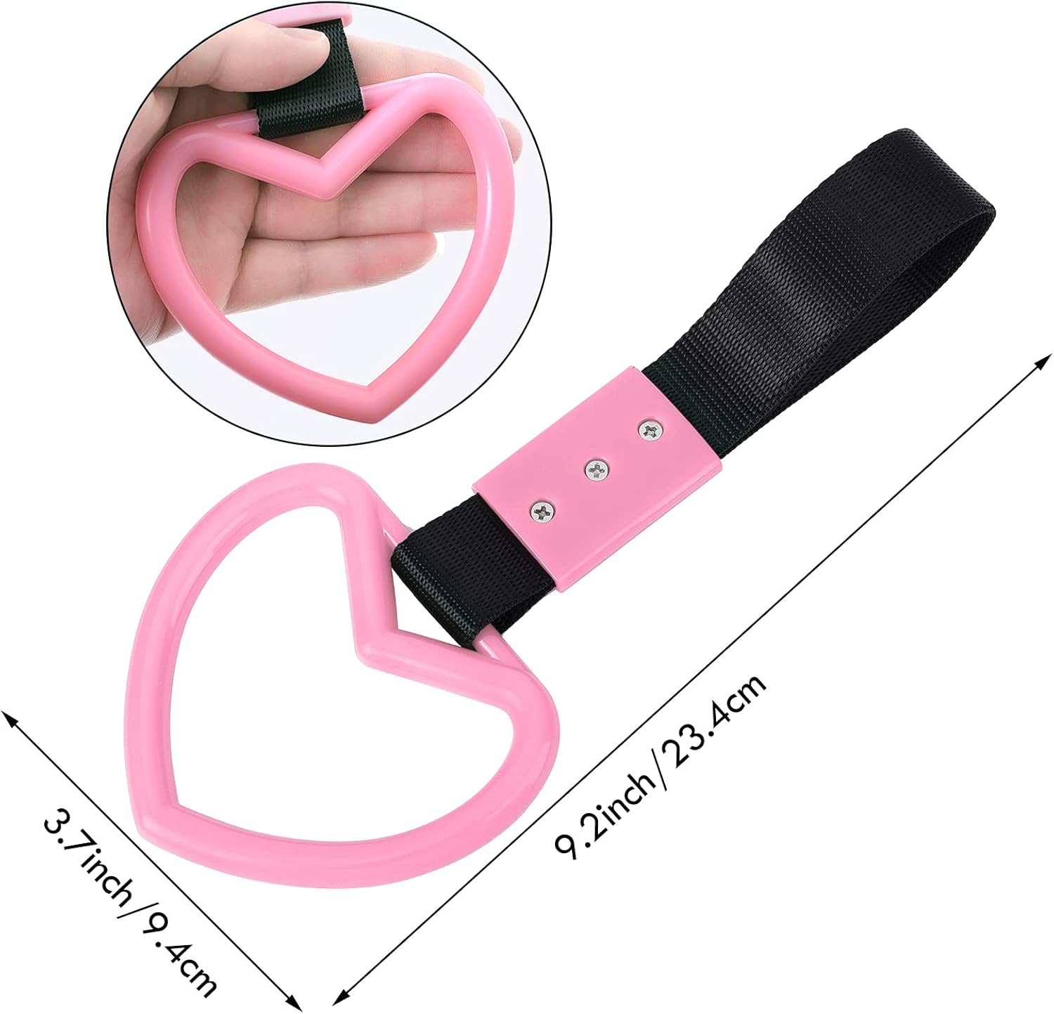 2 Pieces Heart Shaped Car Handle Straps Drift Charm Rear Bumper Warning Ring Decor Subway Bus Broken Heart Handle for Car Interior Light Pink