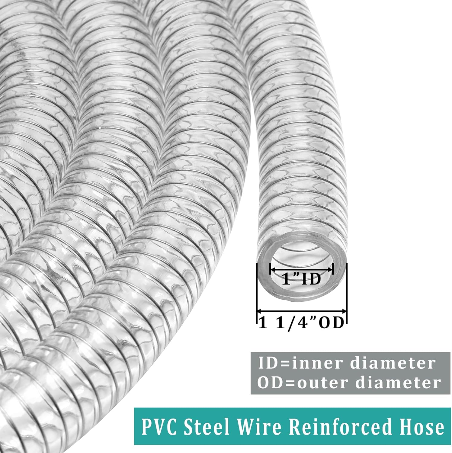 Wire Reinforced Hose 1" id - 10ft Clear High Pressure Suction Line Plastic Vinyl Tubing with Spiral Steel Wire, Drain Water Fuel Powder