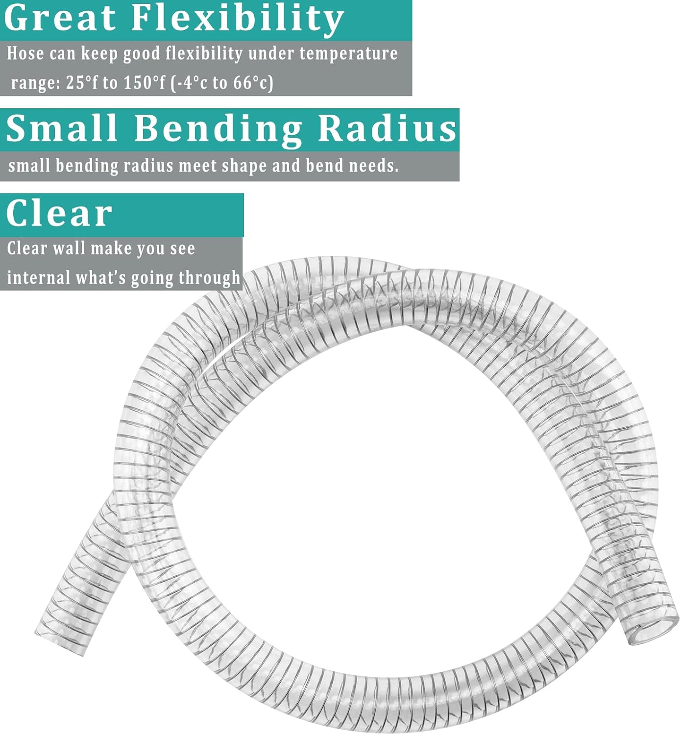 Wire Reinforced Hose 1" id - 10ft Clear High Pressure Suction Line Plastic Vinyl Tubing with Spiral Steel Wire, Drain Water Fuel Powder