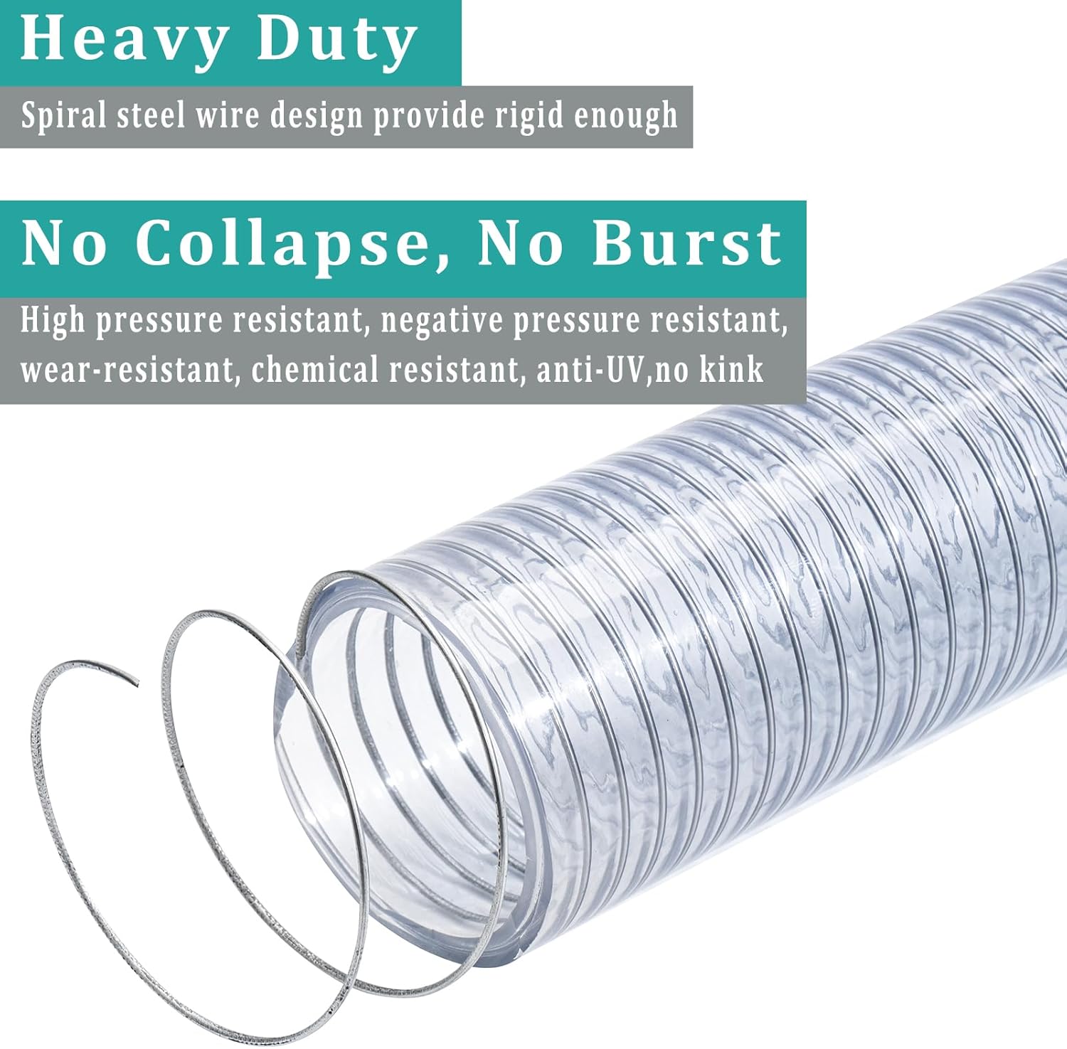 Wire Reinforced Hose 1" id - 10ft Clear High Pressure Suction Line Plastic Vinyl Tubing with Spiral Steel Wire, Drain Water Fuel Powder