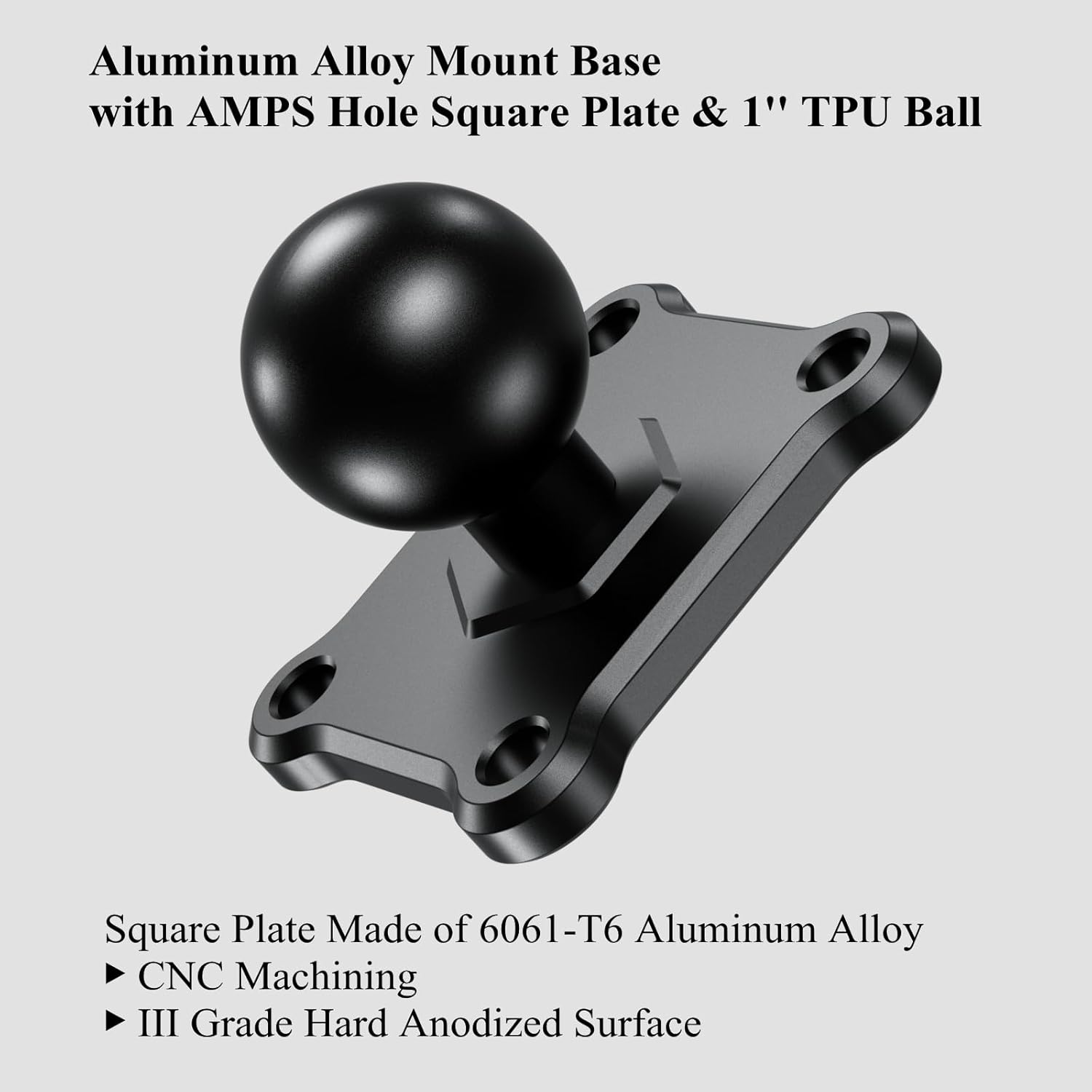 1'' Ball Mount Base with Aluminum Alloy 4-Hole AMPS Square Plate Compatible with RAM Mounts B Size 1 Inch Ball Double Socket Arm