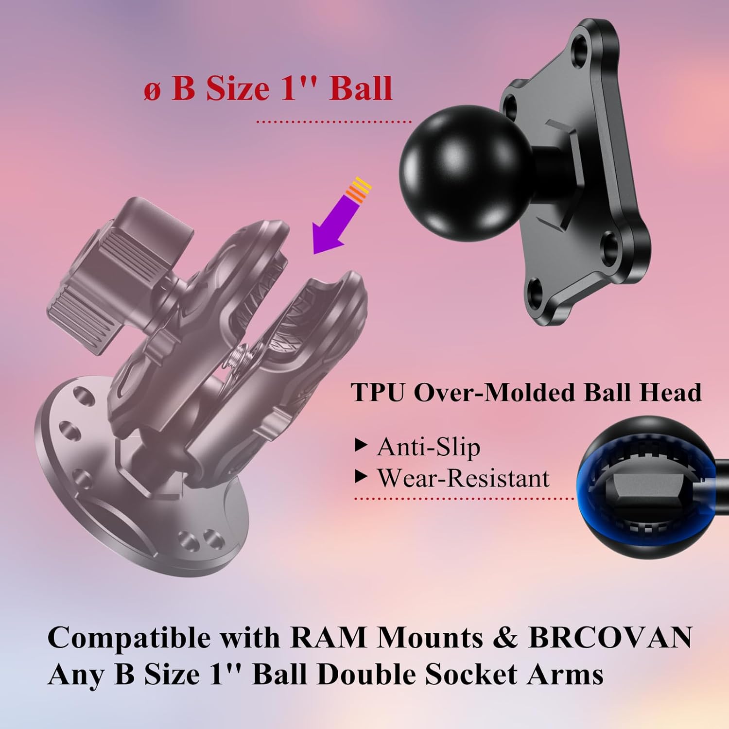 1'' Ball Mount Base with Aluminum Alloy 4-Hole AMPS Square Plate Compatible with RAM Mounts B Size 1 Inch Ball Double Socket Arm