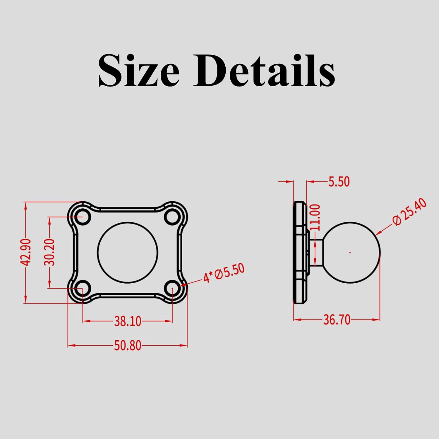 1'' Ball Mount Base with Aluminum Alloy 4-Hole AMPS Square Plate Compatible with RAM Mounts B Size 1 Inch Ball Double Socket Arm