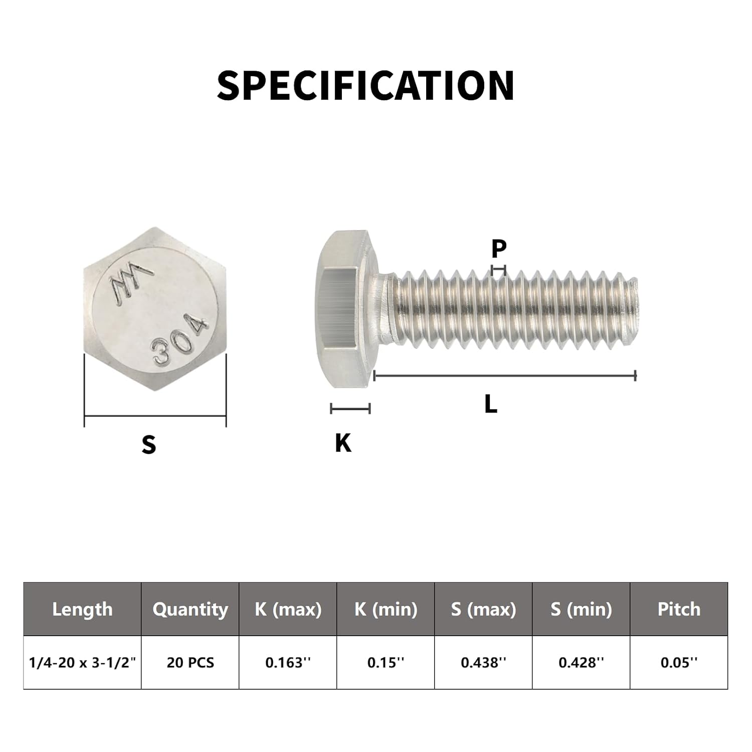 15Pcs 1/4-20 x 3-1/2" Hex Head Screws Bolts,304 Stainless Steel 18-8,Fully Threaded,External Hex Drive,Mounting Chair,Rail,Pump,Wheels,Handles,Antenna Parts,Boat and Plastic Bumpers VG10211