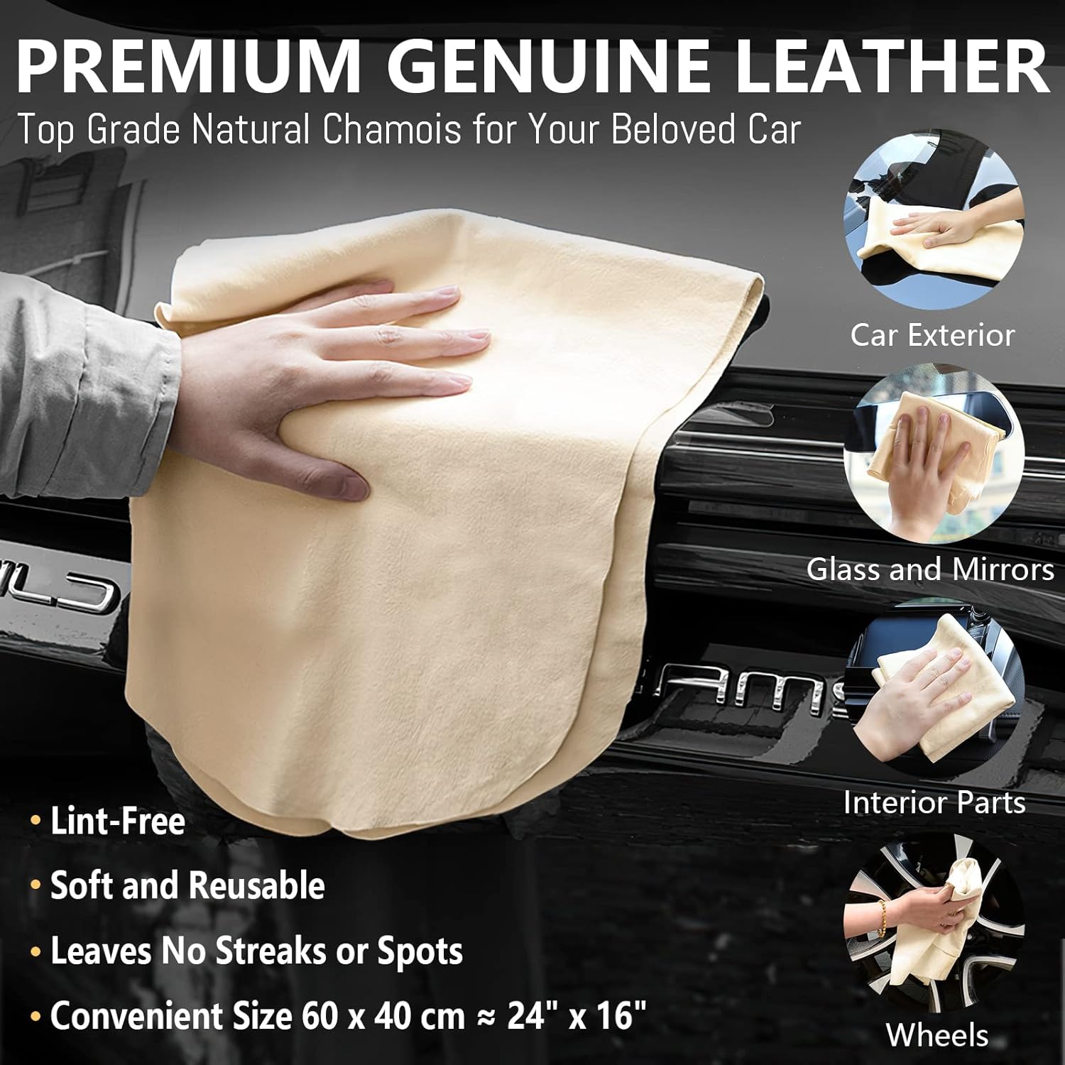 Chamois Cloth for Car 2 Pack Shammy Towel 24'' x 16'' 2.58 sq ft Each Super Absorbent Car Drying Towel Real Leather Lint Free Streak Free for Car Wash Auto Deng