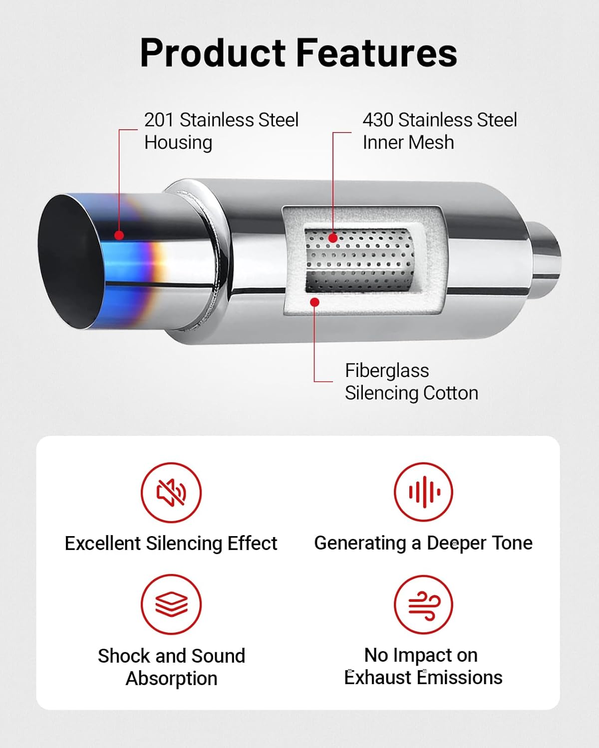 Exhaust Muffler, Stainless Steel Exhaust Tip, Universal 14.6" Length Burnt, 2" Inlet 3" Outlet