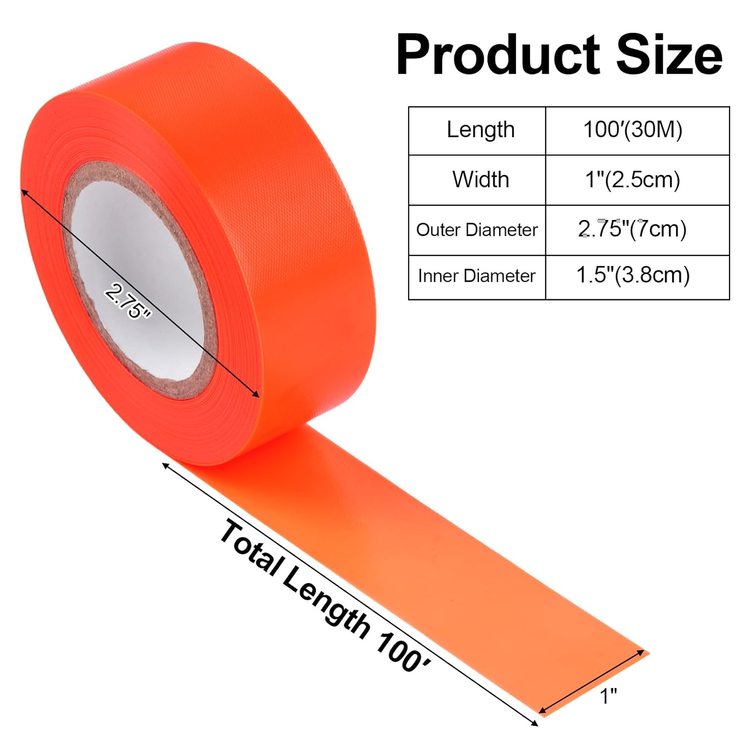 5 Pack Orange Flagging Marking Tape, 1" x 100′ Non-Adhesive Survey Ribbon Rolls, Fade-Resistant Tapes for Hunting Trail, Tree, Boundaries and Hazardous Areas Orange