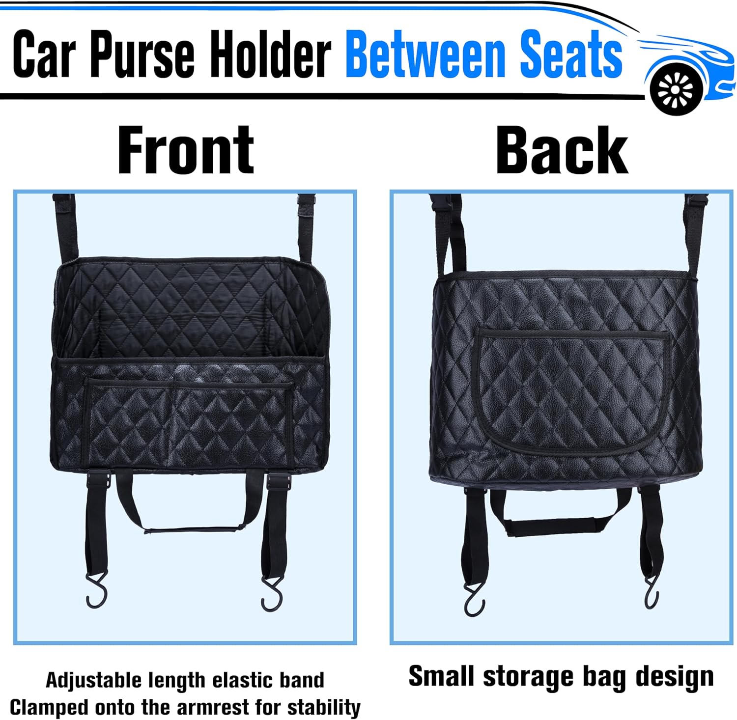 Car Purse Holder Between Seats, Leather Auto Front Seat Handbag Organizer Pocket, Large Capacity Car Net Pocket Handbag Holder, Backseat Barrier Storage Bag Fits for Car, Truck, SUV