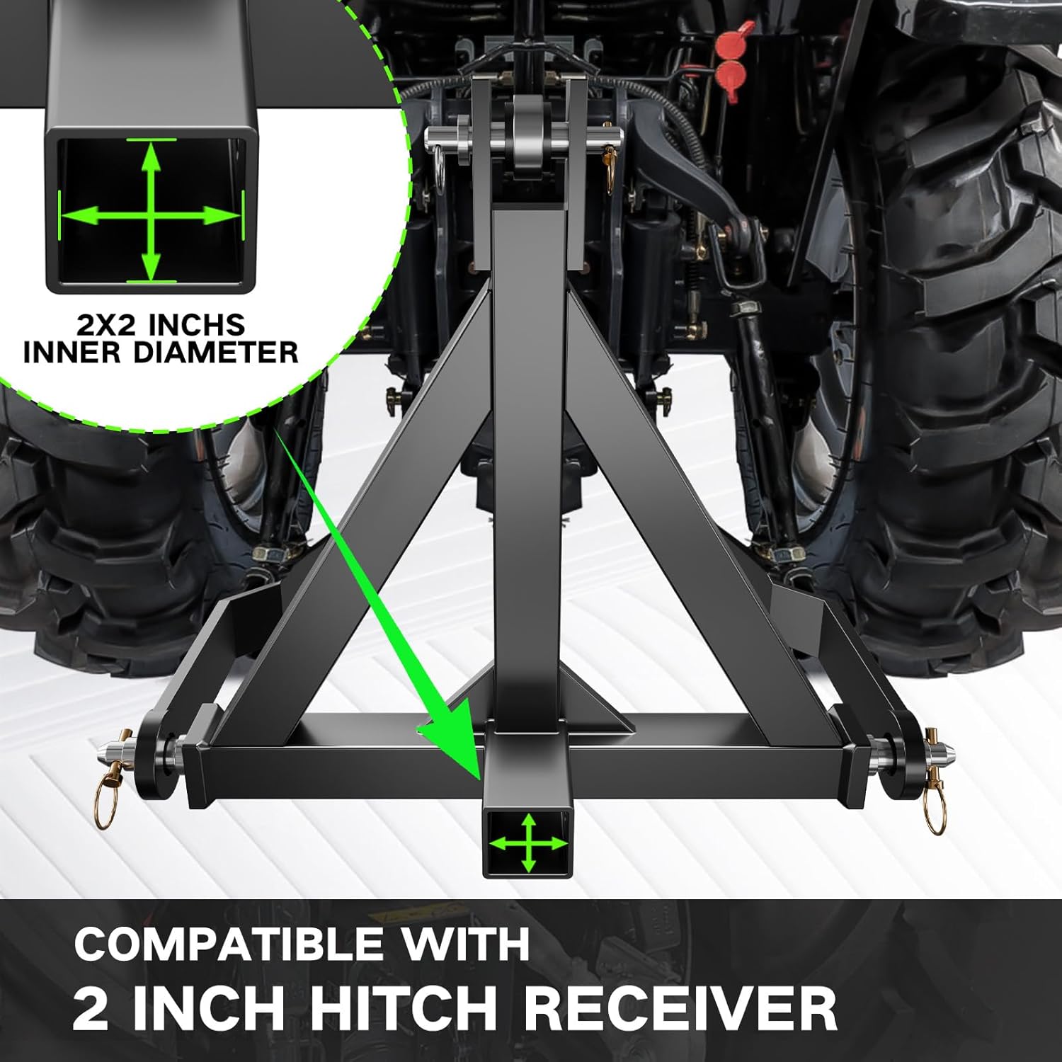 Tow Hitch 2 Inch, 3 Point Trailer Hitch with 2" Receiver, 3 Pt Tractor, Compatible with Category 1, John Deere, Kubota, Kioti, Yanmar, Cat, Tractor, Heavy Duty Quick Hitch Drawbar Adapter, Black