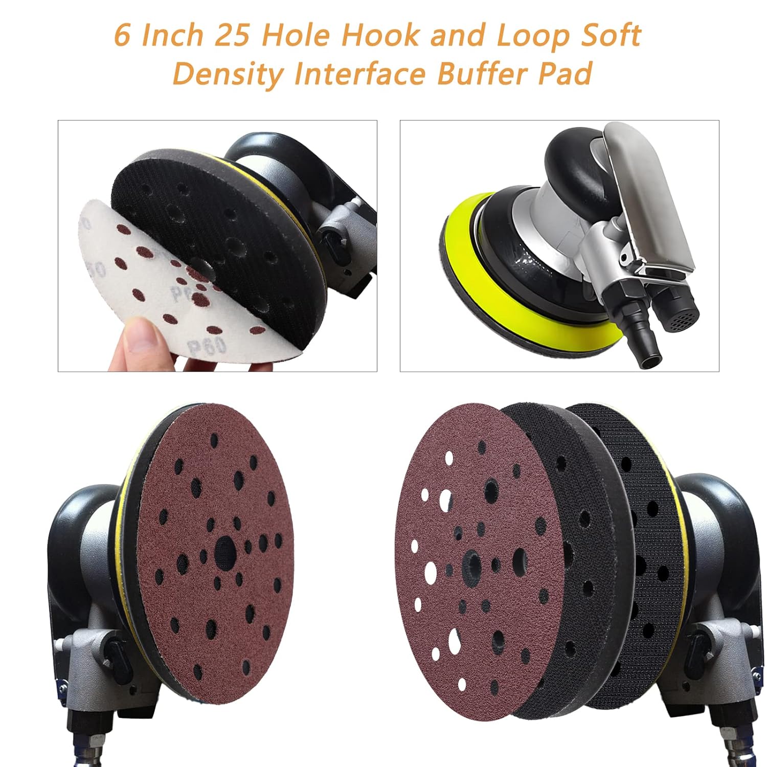 5 Pack Interface Pads, 6 Inch 25 Holes Hook and Loop Soft Density Sponge Cushion Buffer Backing Pad, Foam Sanding Interface Pads for Orbital Sander Automotive Woodworking Polishing