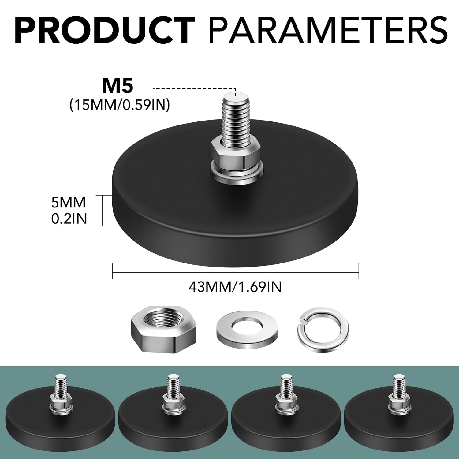 16Pack Rubber Coated Magnets, 30LBS Rubber Coated Neodymium Magnets with M5 Magnetic Assembly Base for Light Bar Mirror Camera Tool 1.69 Inch