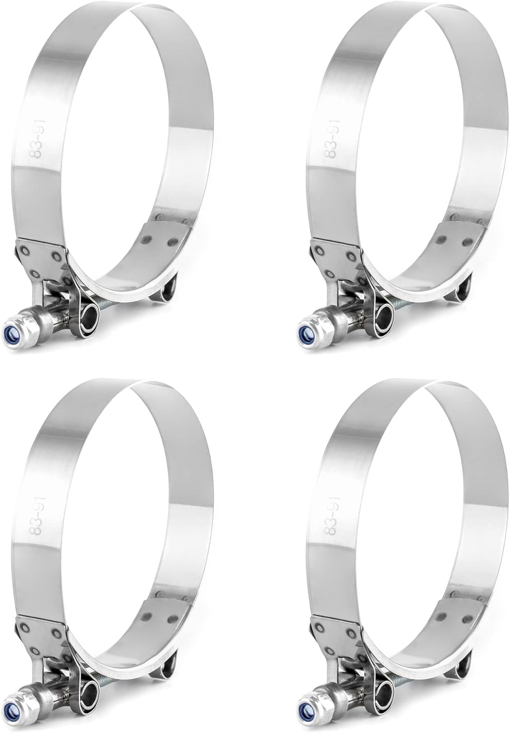 3" T-Bolt Hose Clamp Stainless Steel, Working Range 83mm-91mm for 3" Hose ID, Turbo Intake Intercooler Clamp, 4 Pack