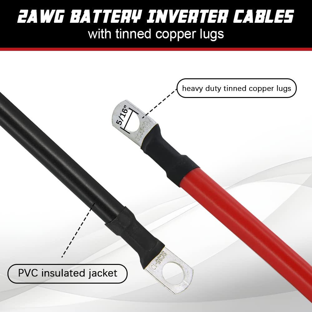 2 AWG Battery Cable 2Gauge Pure Copper Battery Inverter Cables with 5/16 in Lugs Both Ends Power Inverter Wire Set for Automotive Solar Power Inverter Marine Boat RV Car Motorcycle 1FT