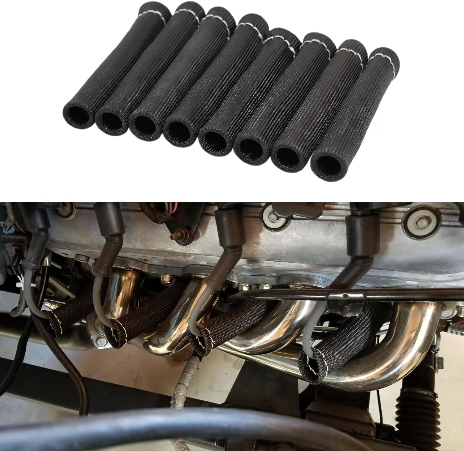8Pcs 2500° Degree Spark Plug Wire Boots Heat Shield Protector Sleeve Cover Compatible with SBC BBC 350 454,6 Inch, Black