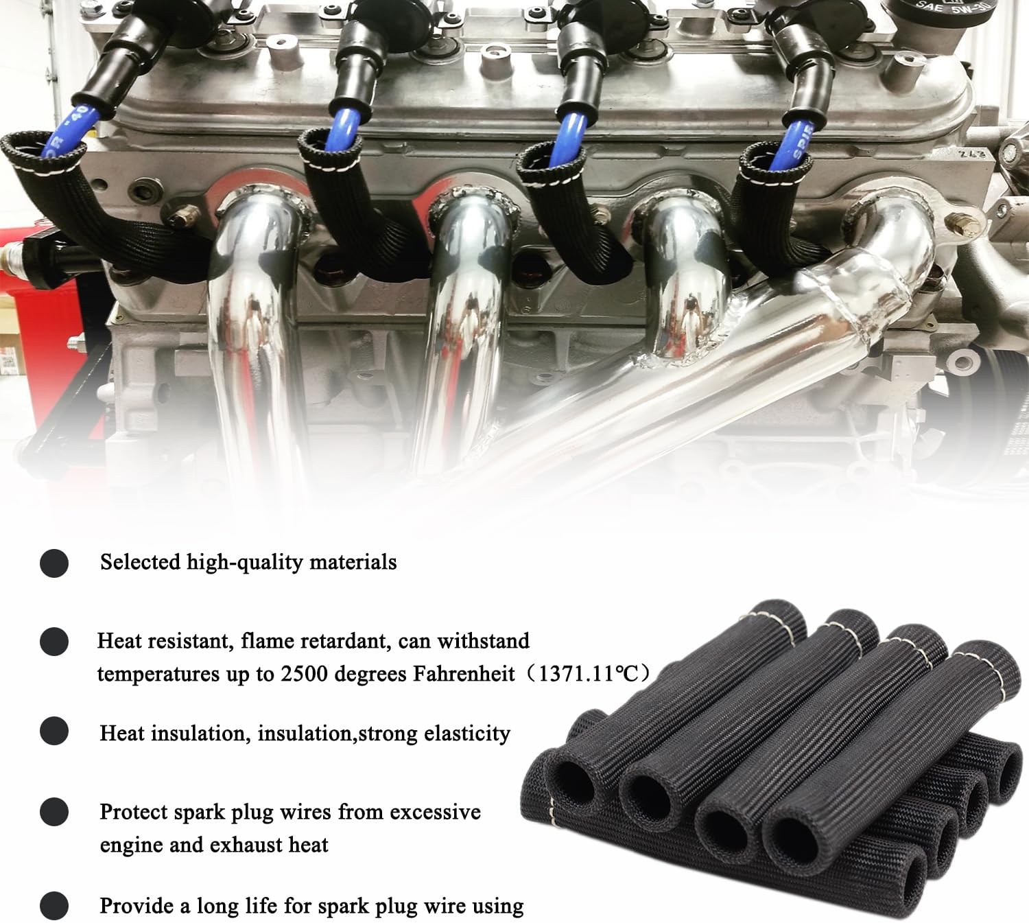 8Pcs 2500° Degree Spark Plug Wire Boots Heat Shield Protector Sleeve Cover Compatible with SBC BBC 350 454,6 Inch, Black